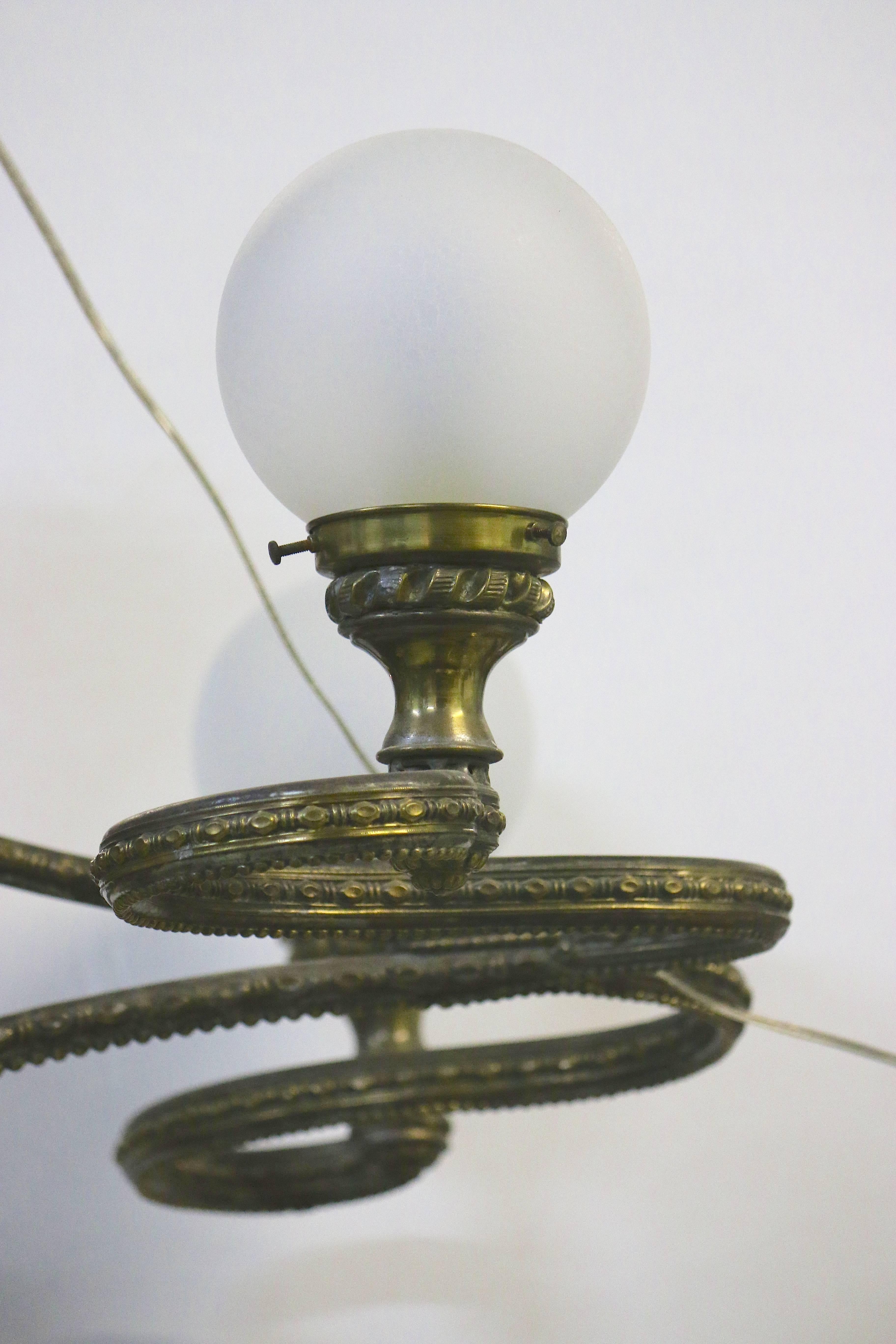 Brass Fabulous Four Arm Globe Light Chandelier Pendant  For Sale