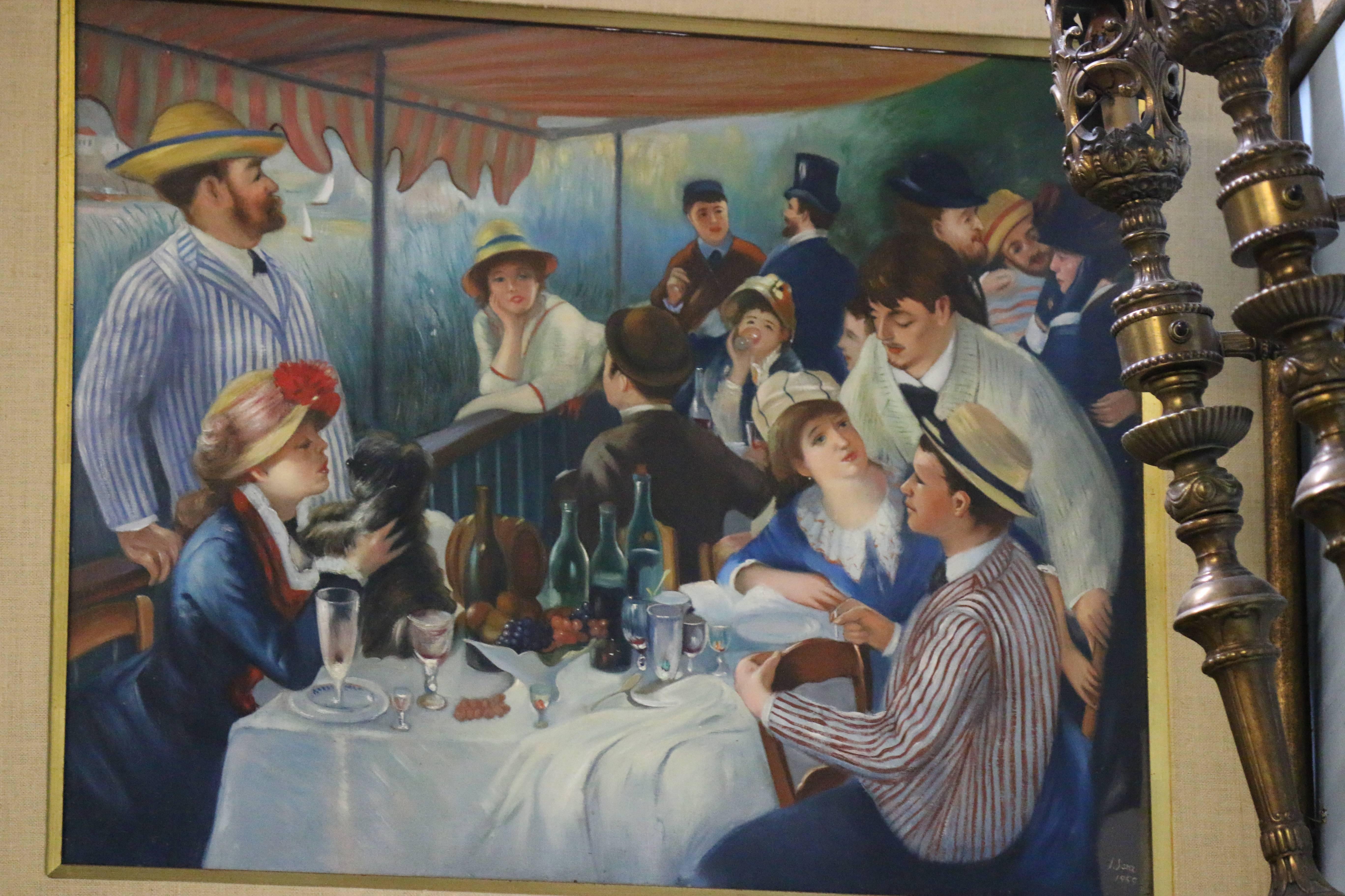 A Gorgeous after Renoir Impressionist 'Boating Party' Painting on Linen, painted by Spanish Artist J. Sanz (signed) in 1959. Sanz asserted his ownership (not a reproduction) of this image by changing the two front gentlemen's clothing from white