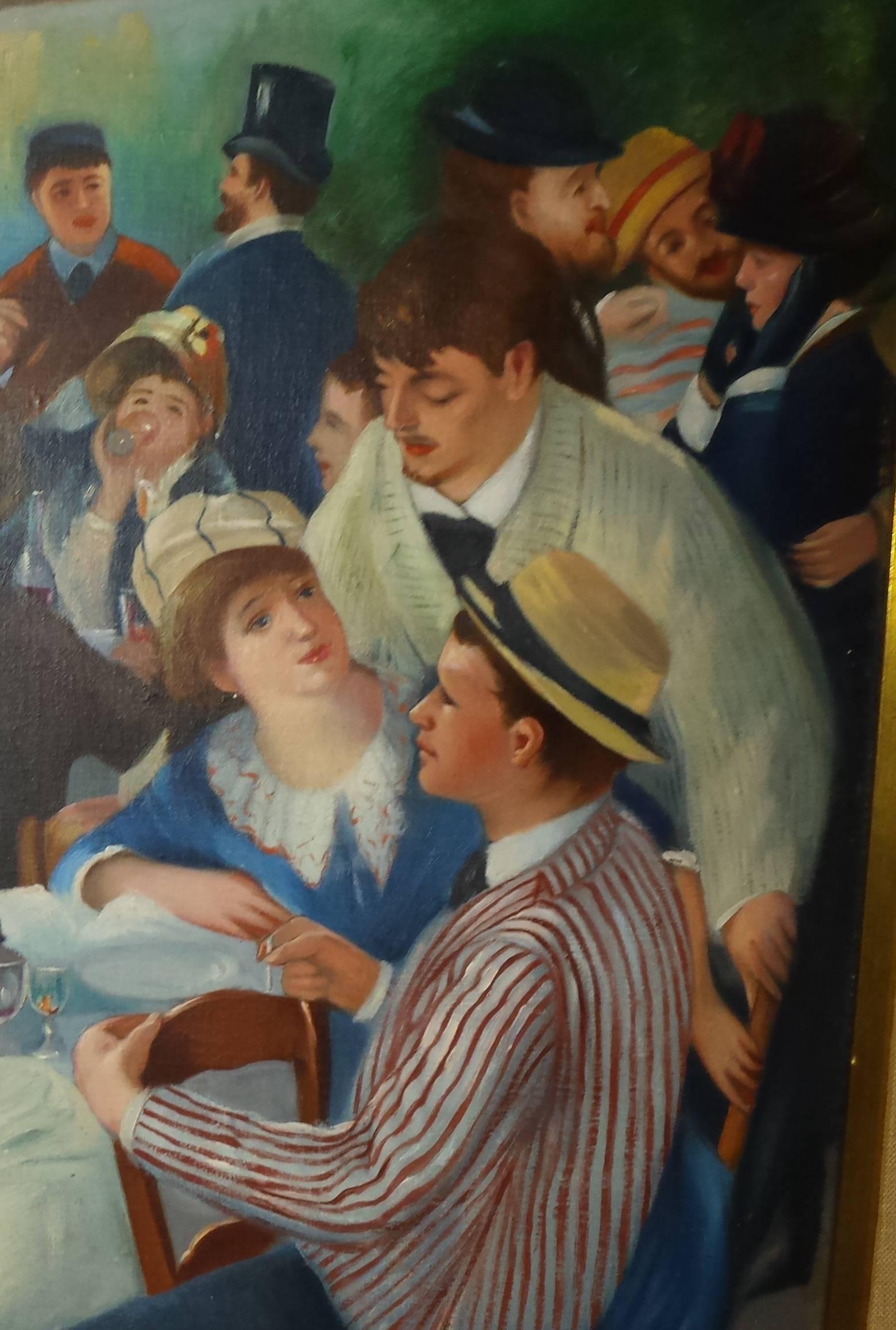 Hollywood Regency Original Impressionist 'Boating Party' Oil Painting after Renoir, signed J. Sanz For Sale