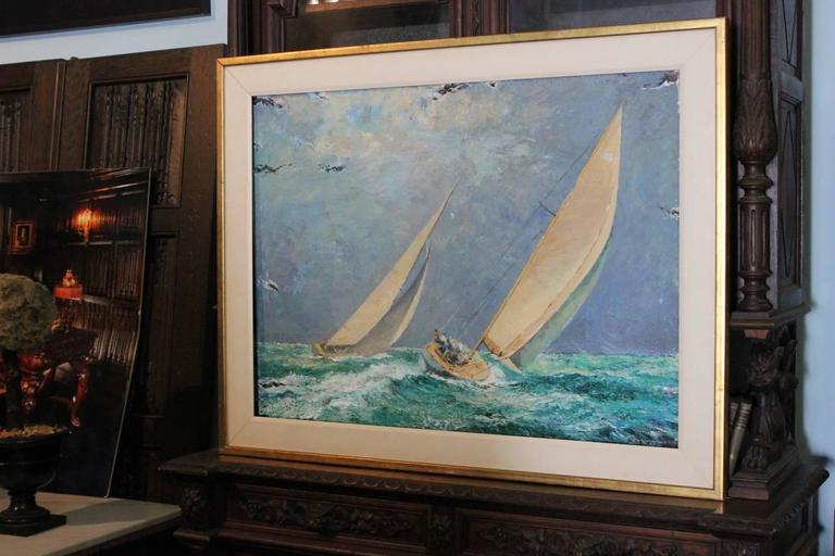 Fine Impressionist Sailboat Racing Sport Oil Signed Jean Bousquet For