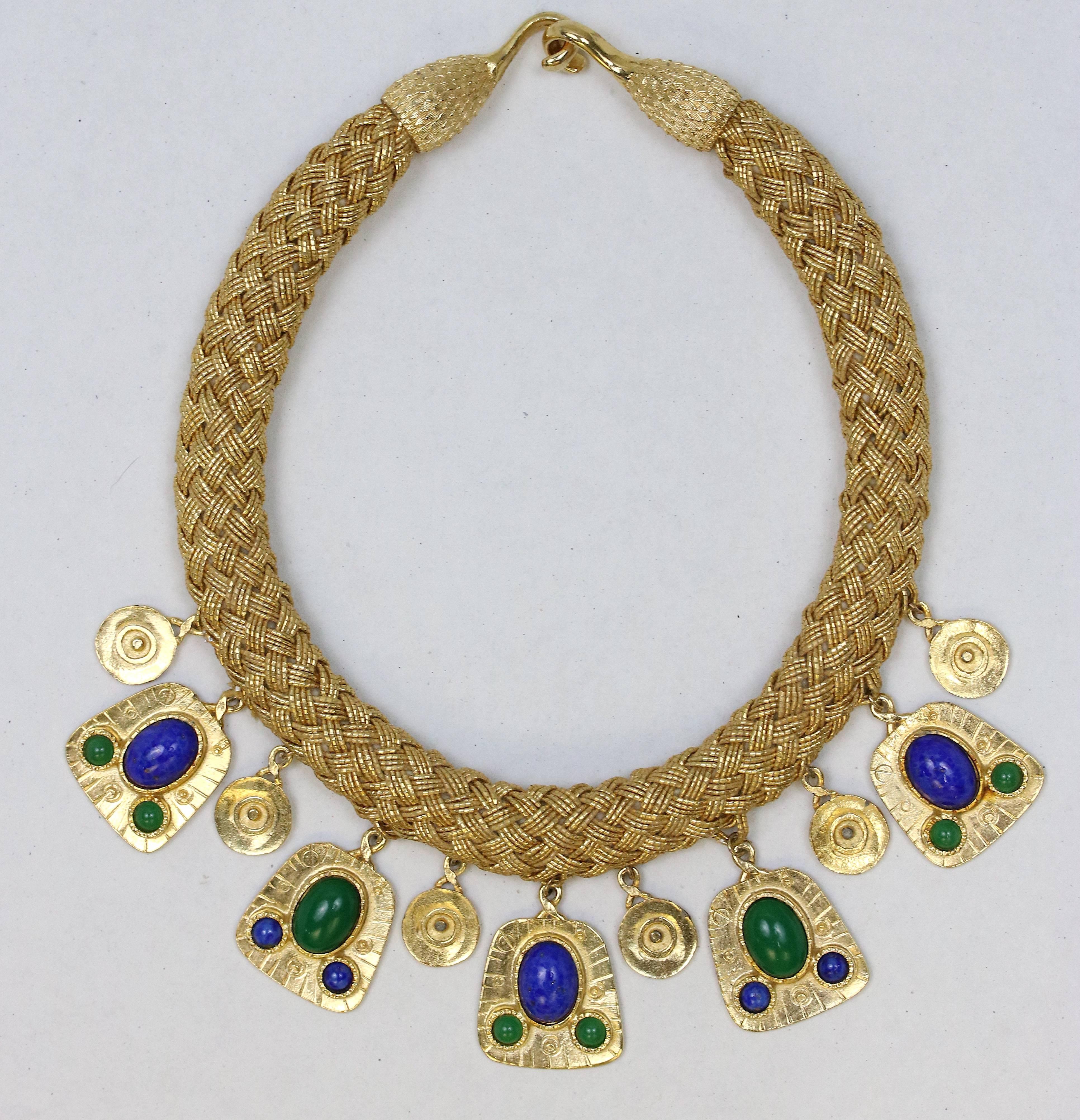 20th Century Gold Woven Strand Collar Necklace with Malachite and Lapis Drops For Sale