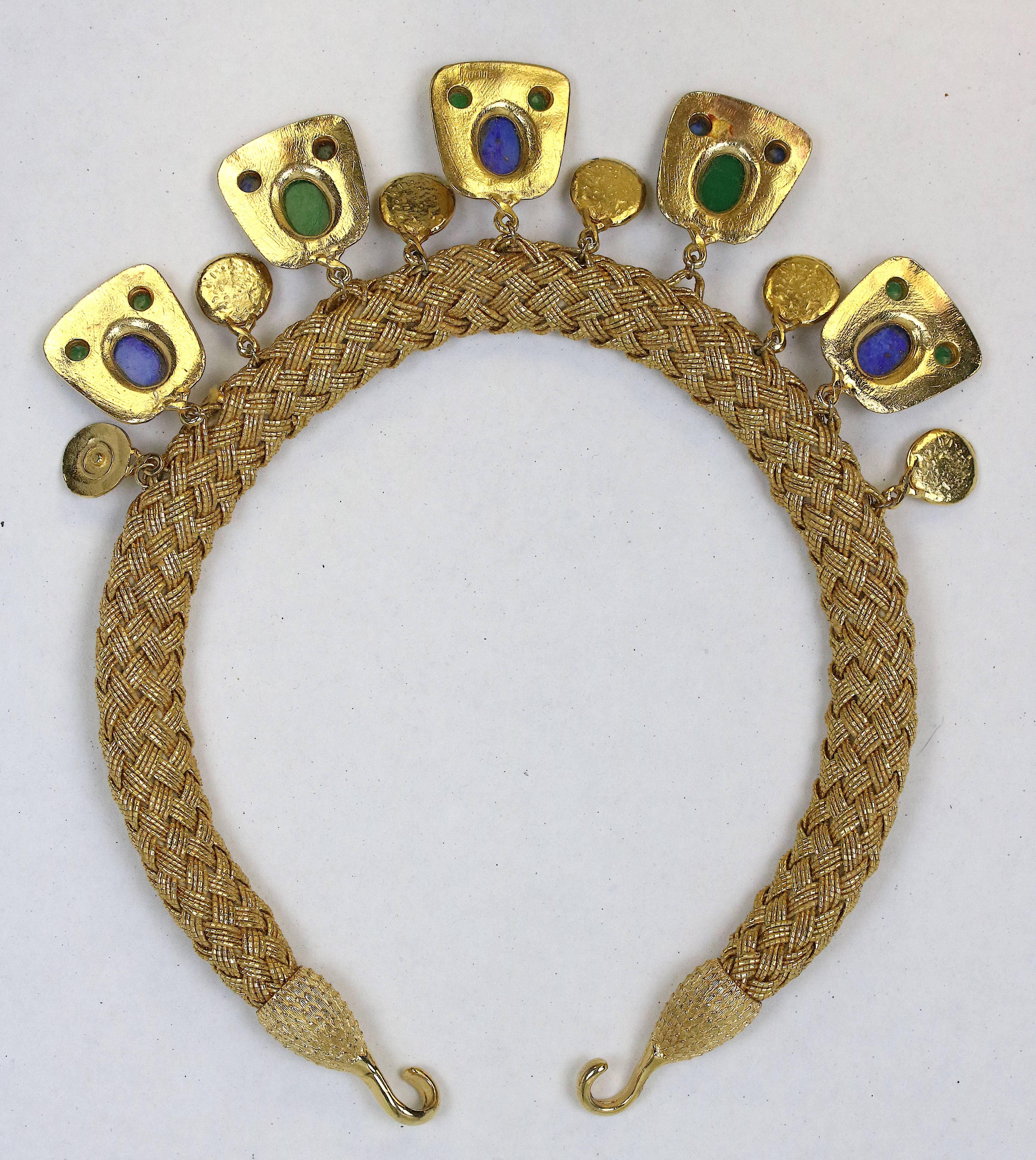 Gold Woven Strand Collar Necklace with Malachite and Lapis Drops For Sale 1