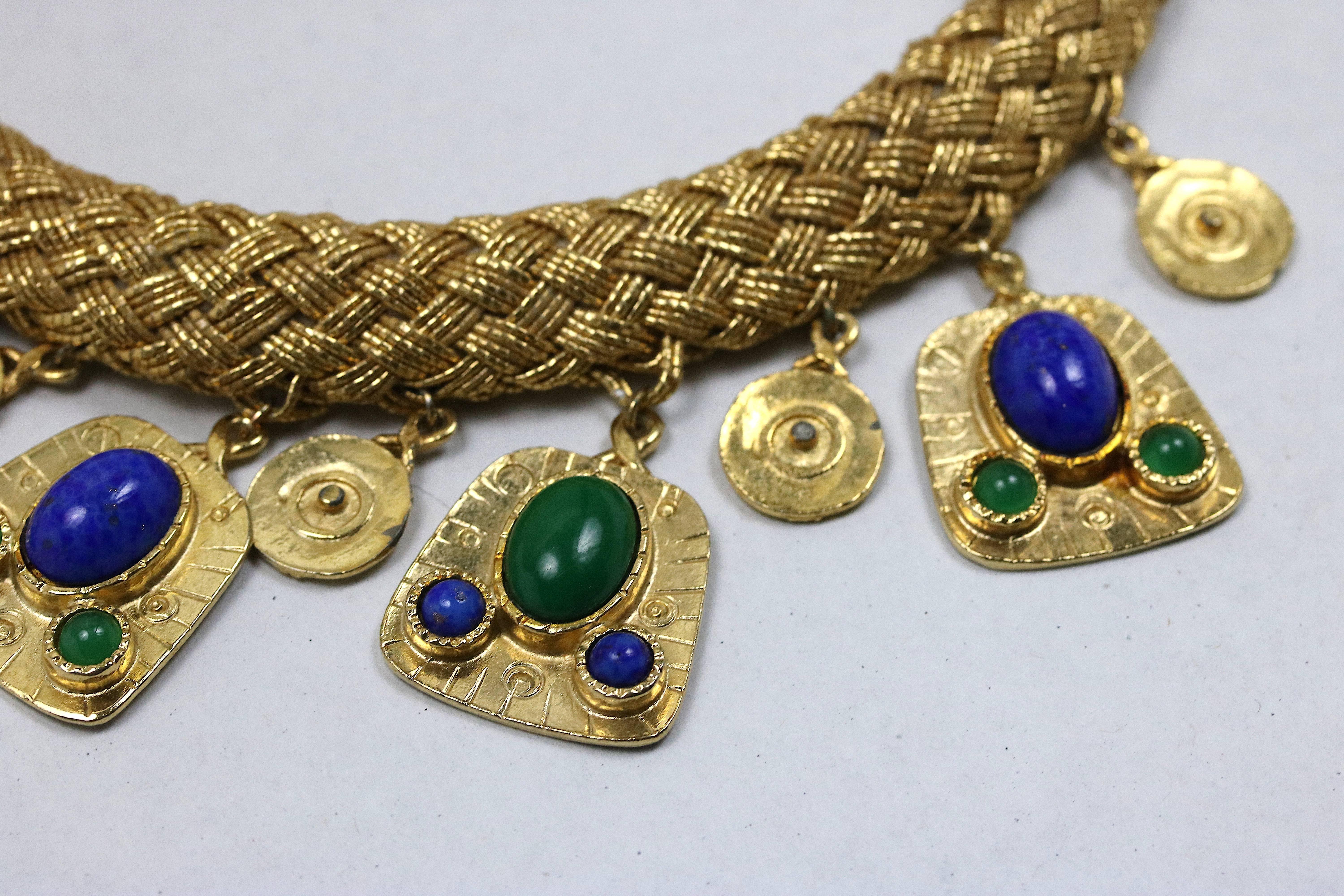 Gold Woven Strand Collar Necklace with Malachite and Lapis Drops For Sale 2