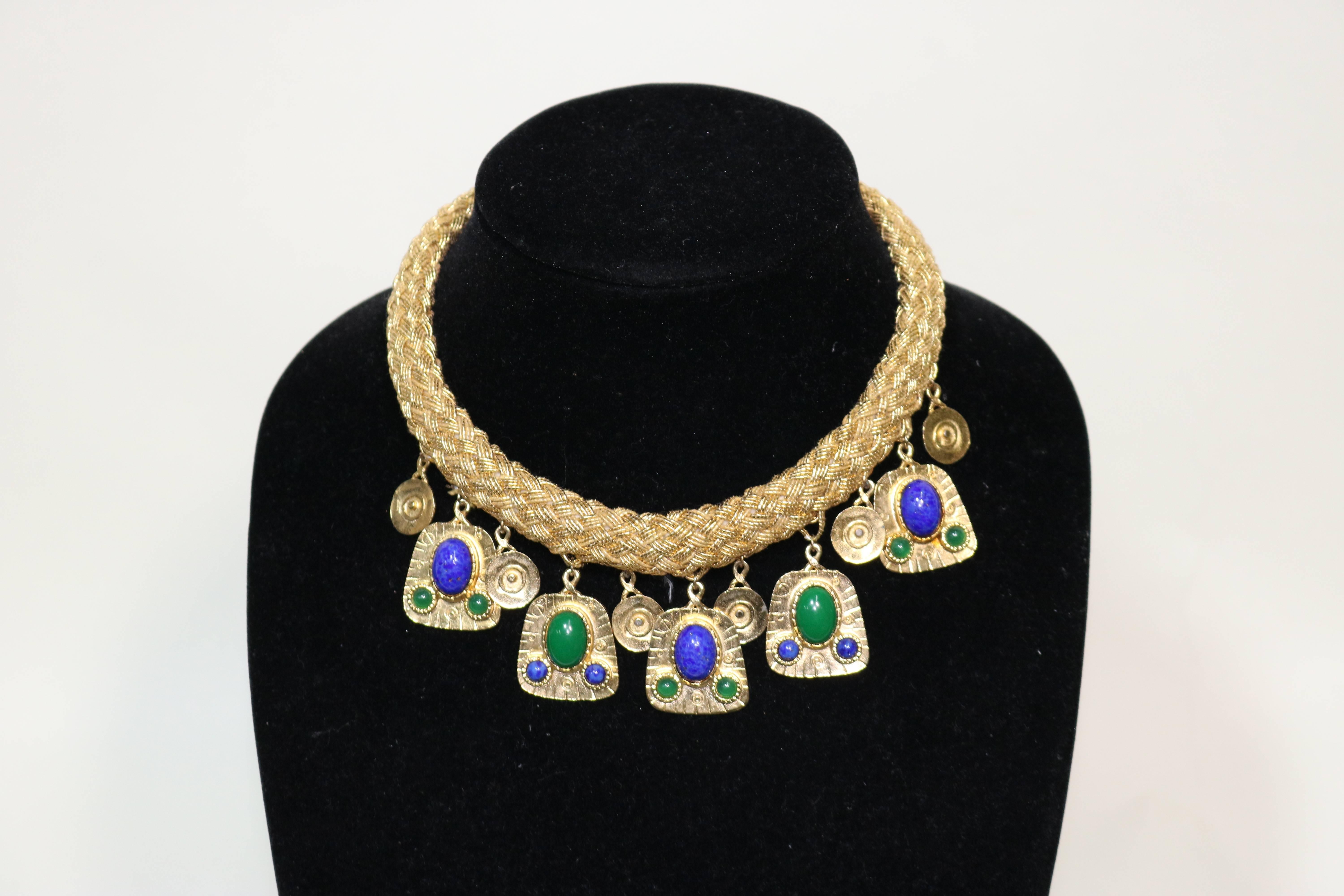 Gold Woven Strand Collar Necklace with Malachite and Lapis Drops In Excellent Condition For Sale In West Palm Beach, FL