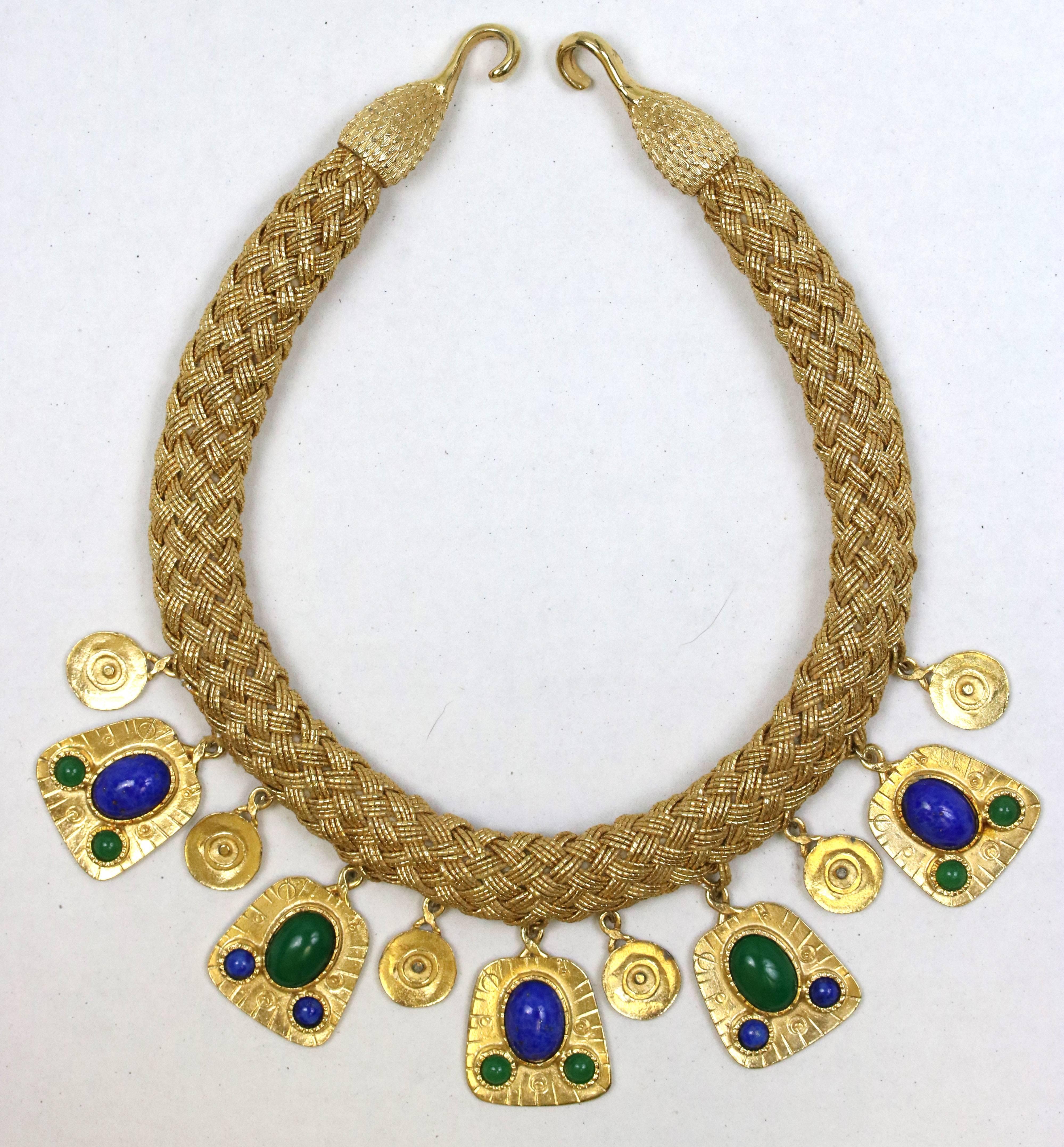 Gold Woven Strand Collar Necklace with Malachite and Lapis Drops For Sale 3