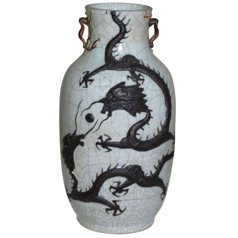 circa 1875 Chinese Celadon Crackleware Dragon Baluster Vase with Provenance For Sale
