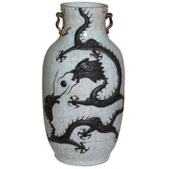 circa 1875 Chinese Celadon Crackleware Dragon Baluster Vase with Provenance