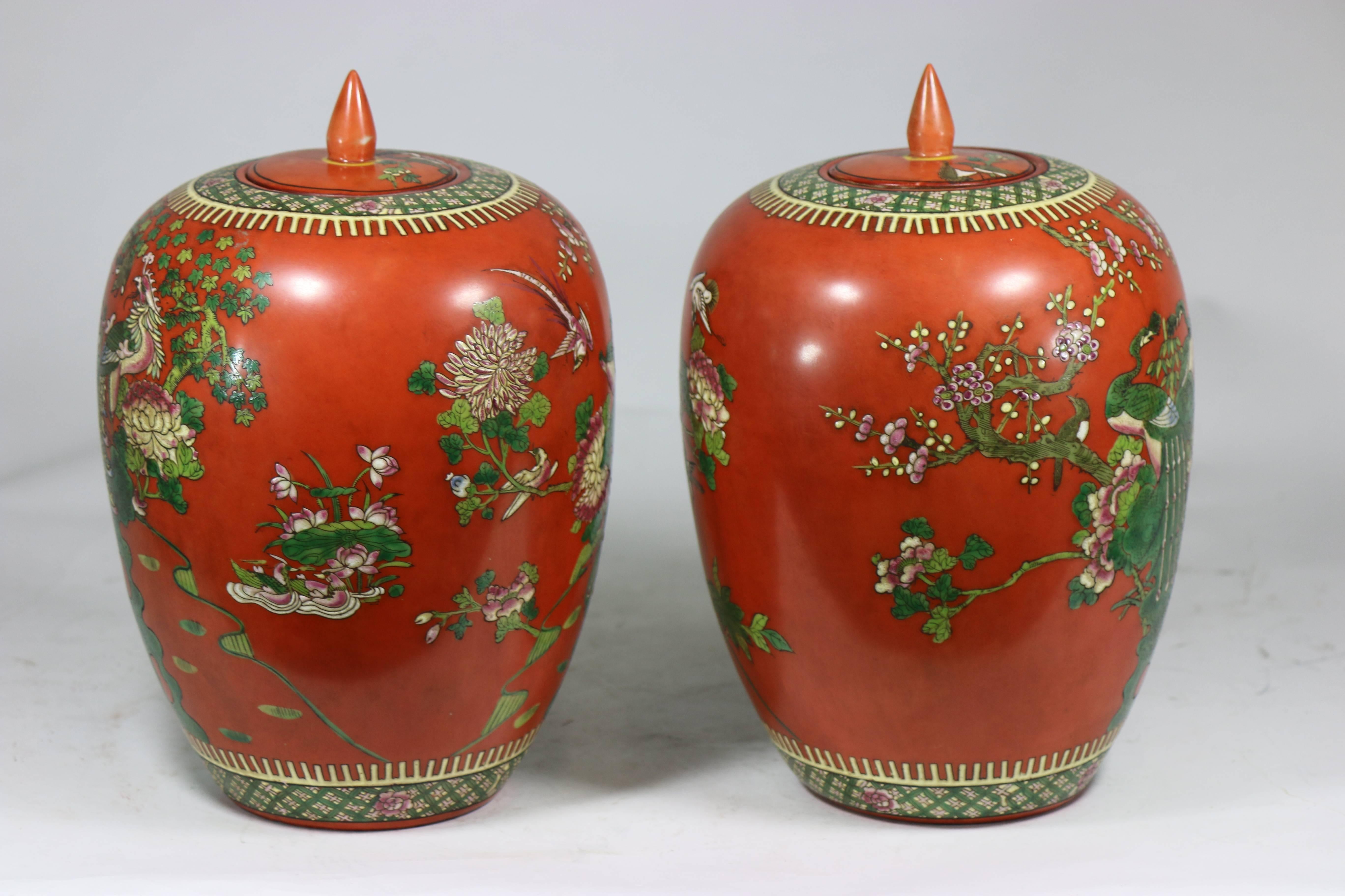 Hand-Painted 19th century Exquisite Pair of Persimmon Porcelain Ginger Jars- Qing Dynasty For Sale