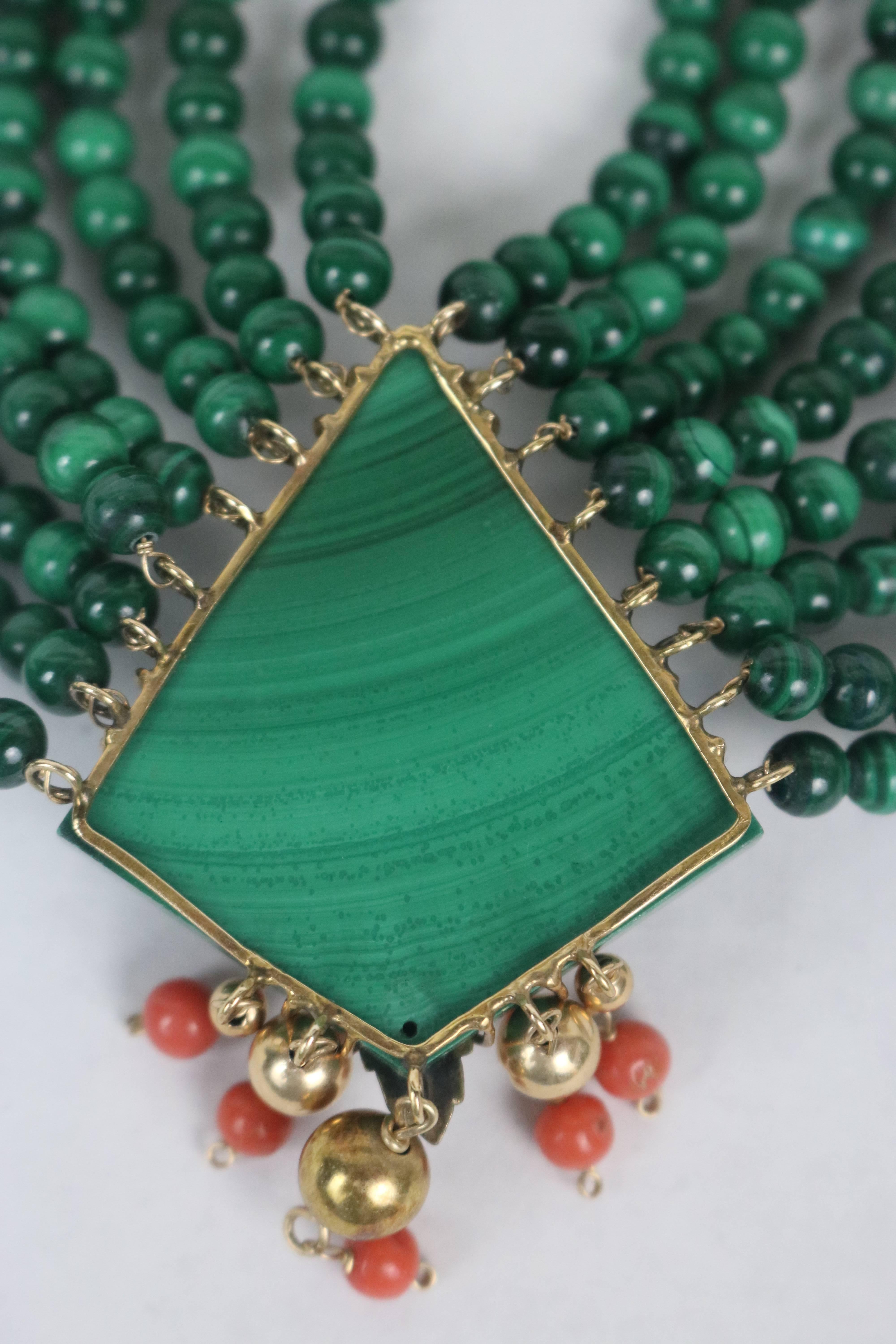 Stunning Eight Strand Malachite, Carved Coral, 14-Karat Gold Collar Necklace For Sale 2