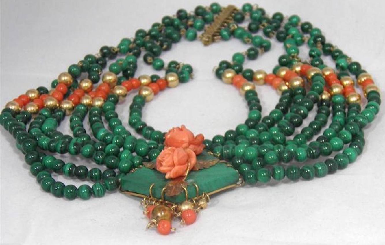 19th Century Stunning Eight Strand Malachite, Carved Coral, 14-Karat Gold Collar Necklace For Sale