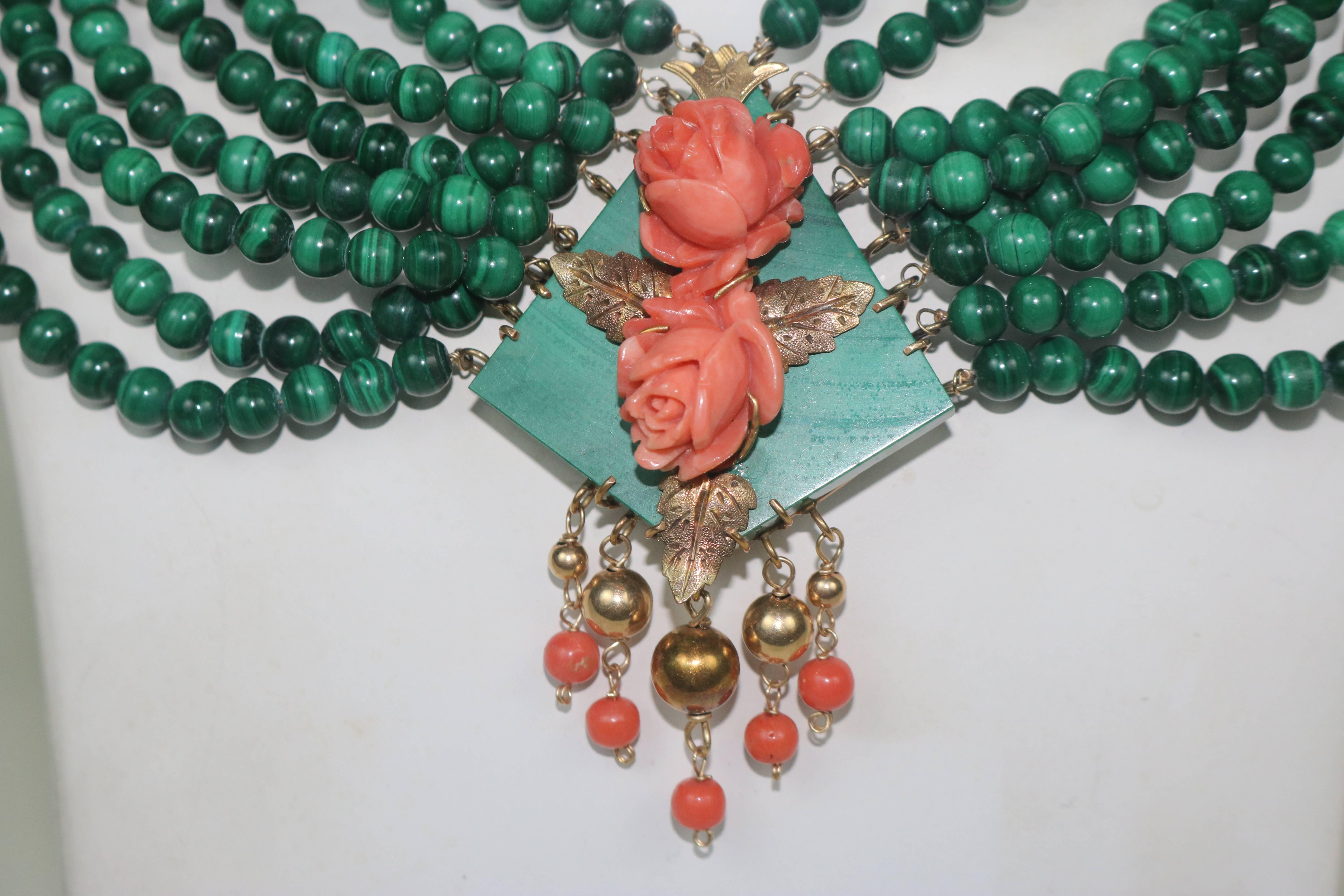 Stunning Eight Strand Malachite, Carved Coral, 14-Karat Gold Collar Necklace For Sale 1
