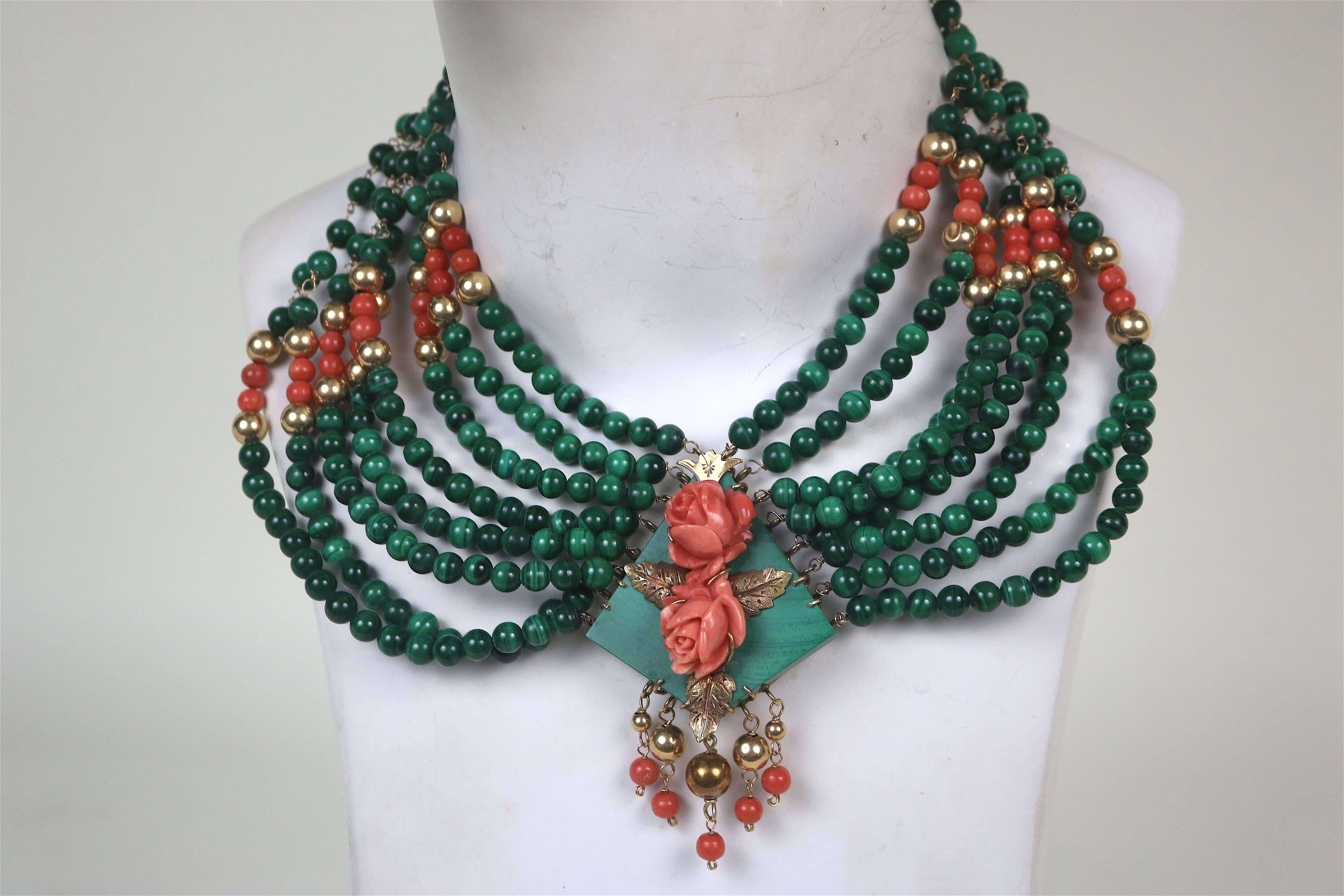 Hollywood Regency Stunning Eight Strand Malachite, Carved Coral, 14-Karat Gold Collar Necklace For Sale