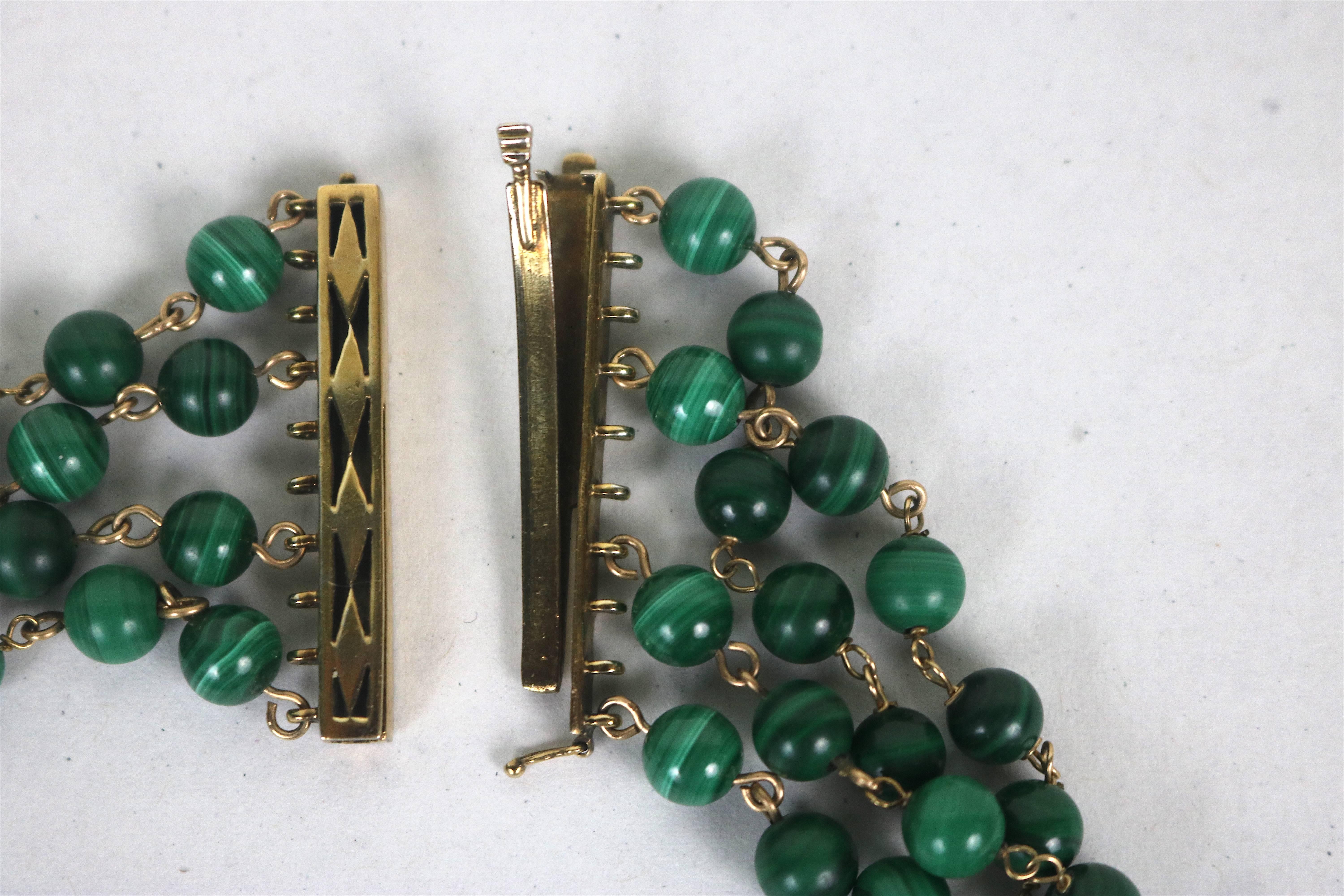 Stunning Eight Strand Malachite, Carved Coral, 14-Karat Gold Collar Necklace For Sale 5