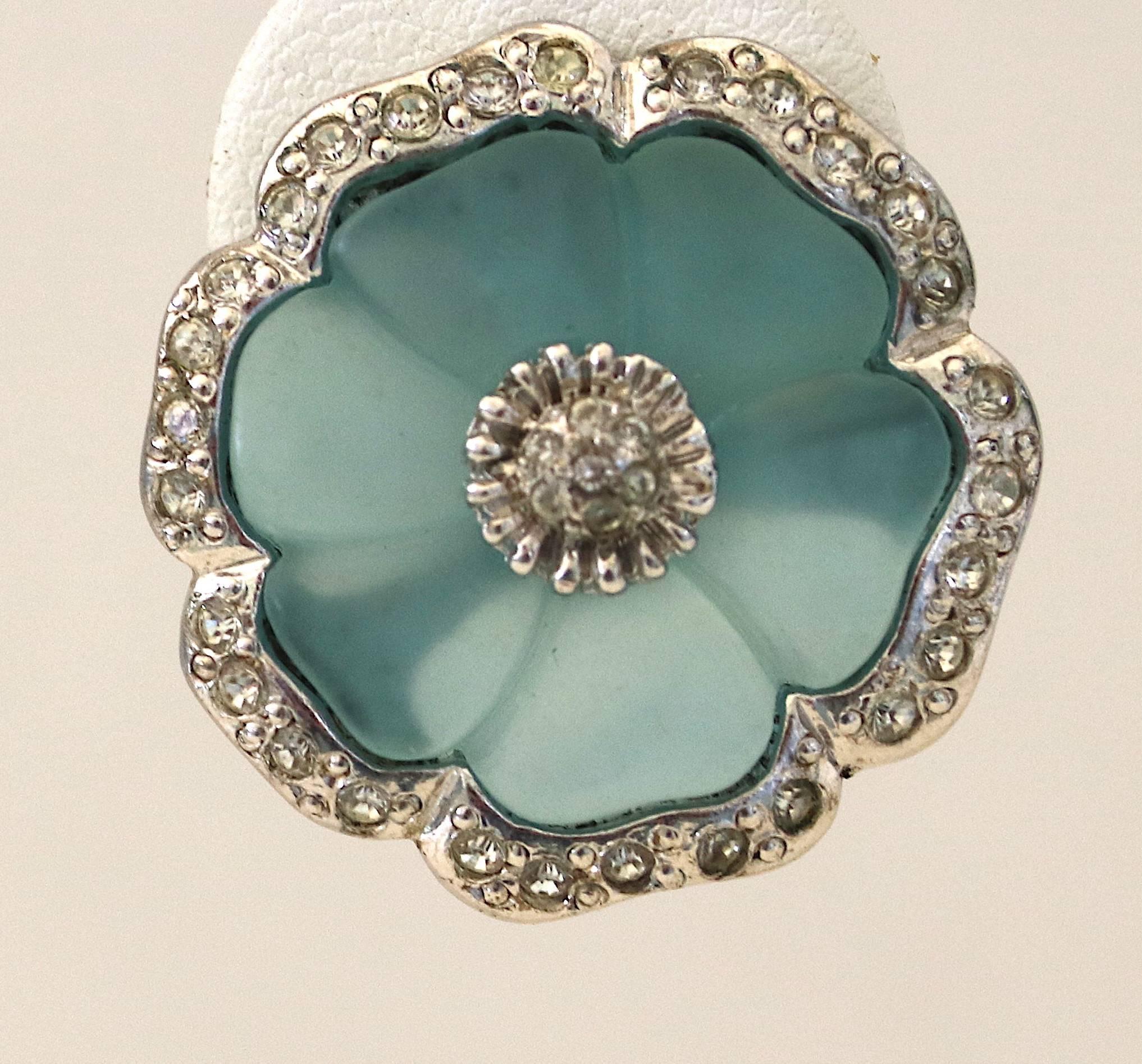 Italian Flower Lalique Style Earrings Aqua Glass with CZ Trim by Republica In Excellent Condition In West Palm Beach, FL