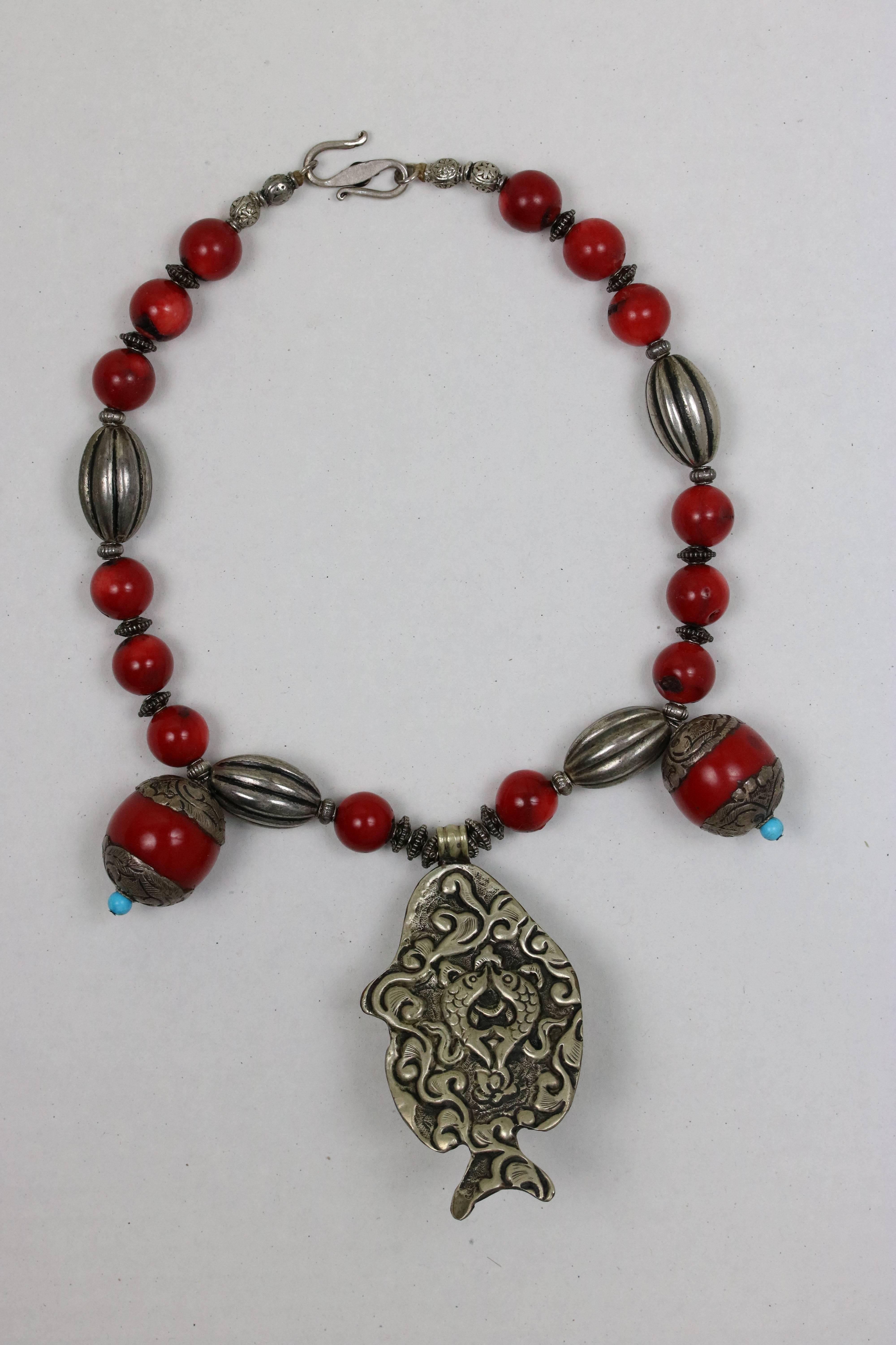 Sterling Silver Ancient Style Tibetan Coral Sterling Magic Fish Necklace