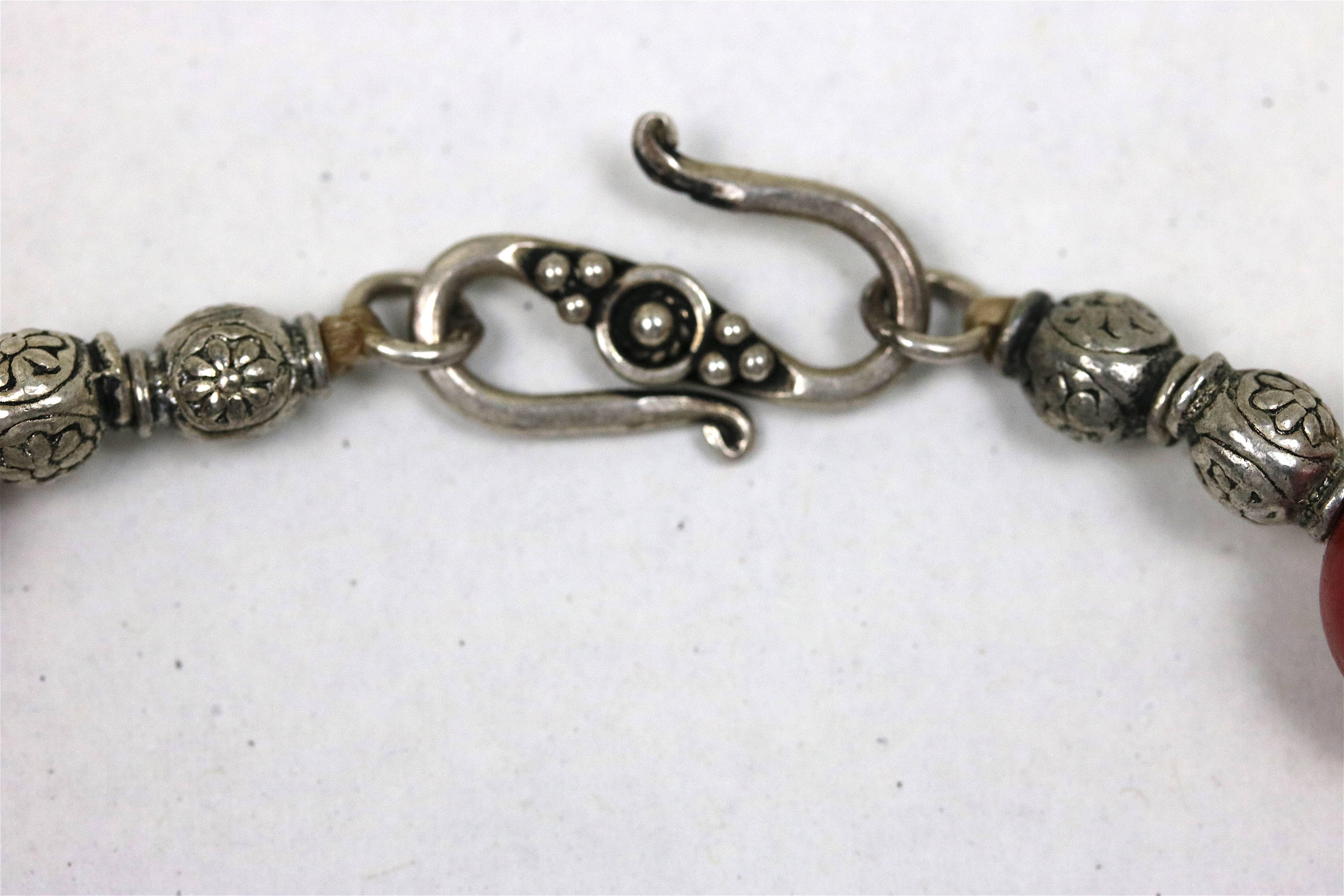 Repoussé Ancient Style Tibetan Coral Sterling Magic Fish Necklace