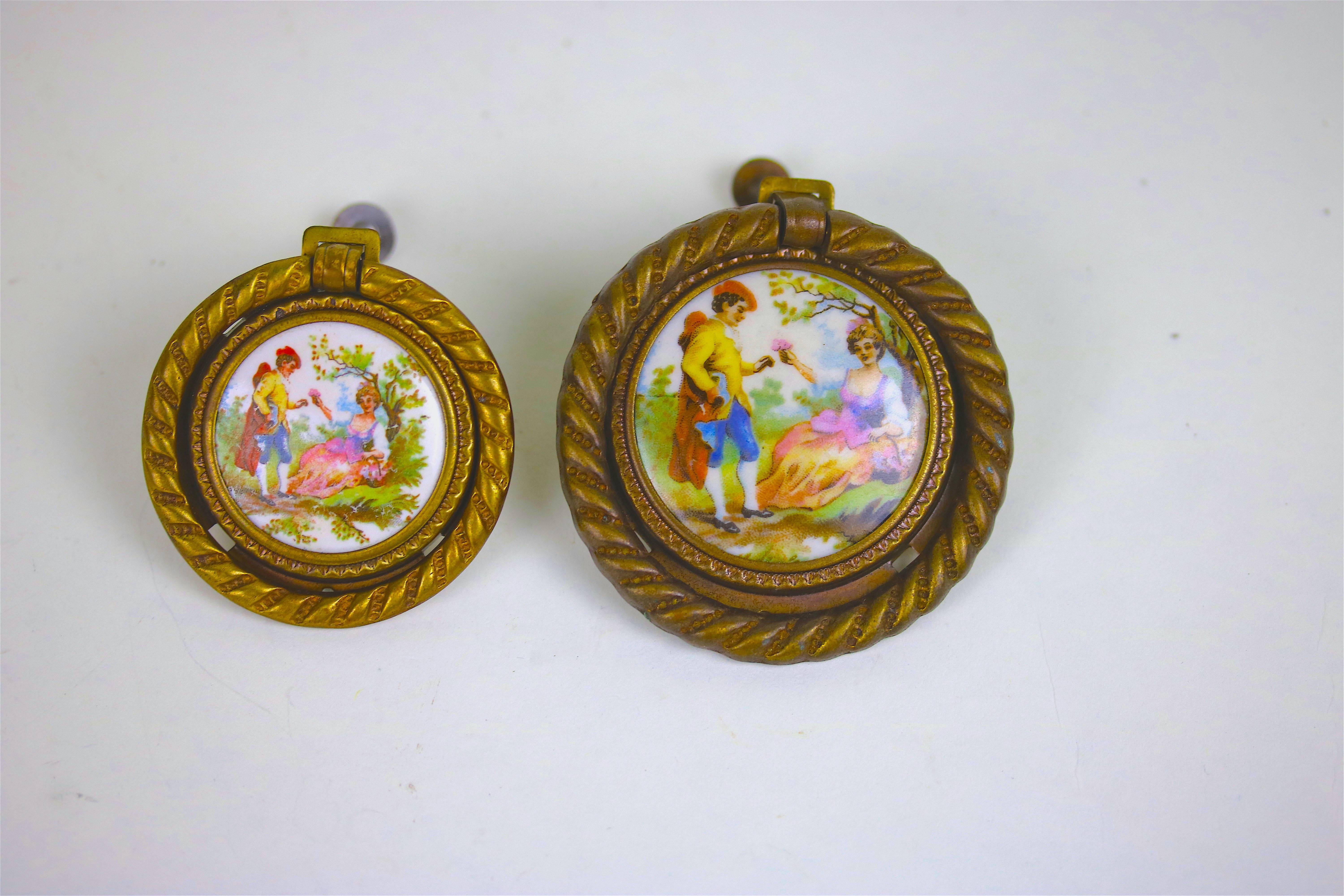 Antique Pair of Porcelain Fragonard Brass Door/Tie Backs with Two-Drawer Pulls For Sale 2