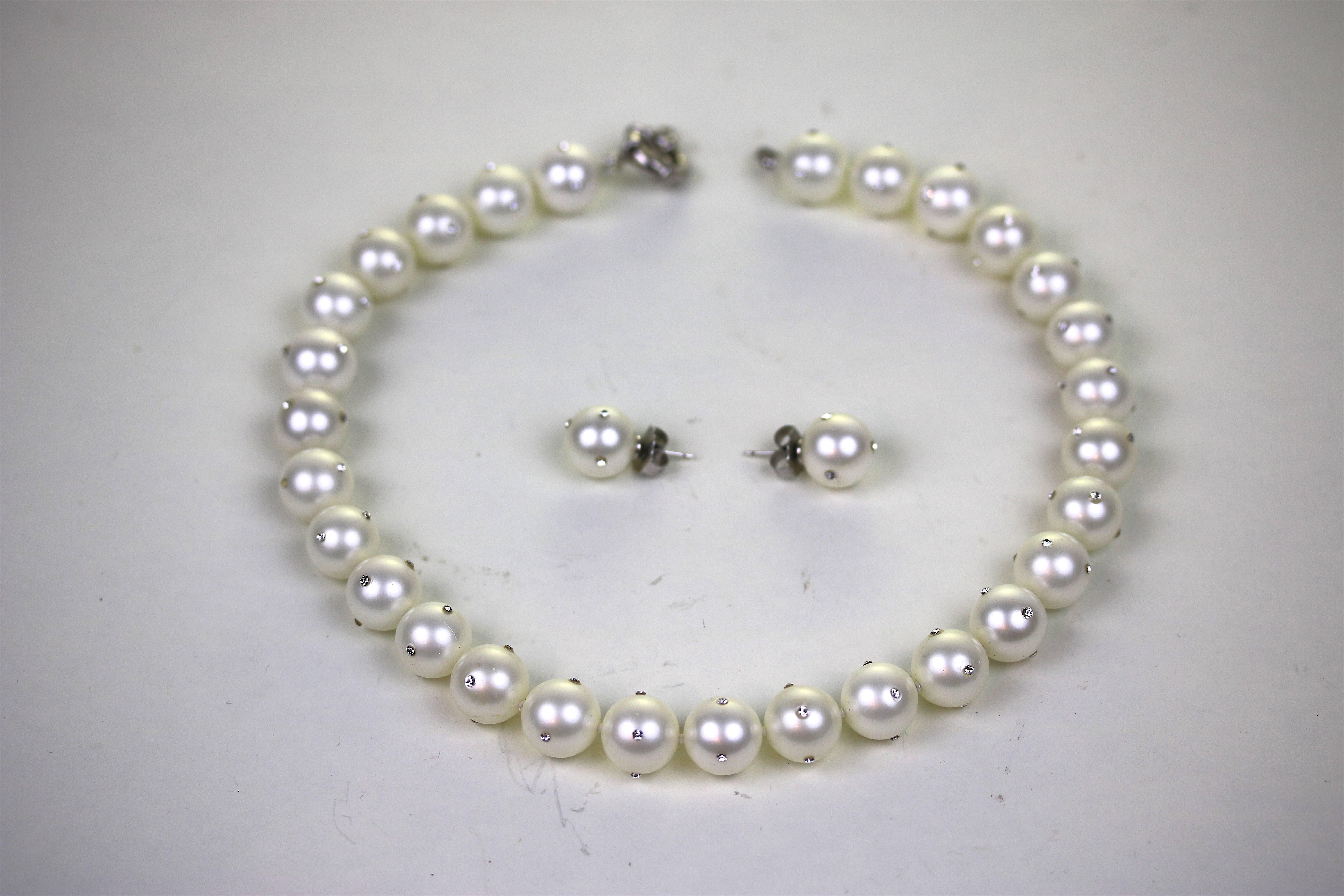 Hollywood Regency Large Spectacular 29 Faux Pearl Collar Necklace/ Earrings Set- inlay CZ Diamonds For Sale