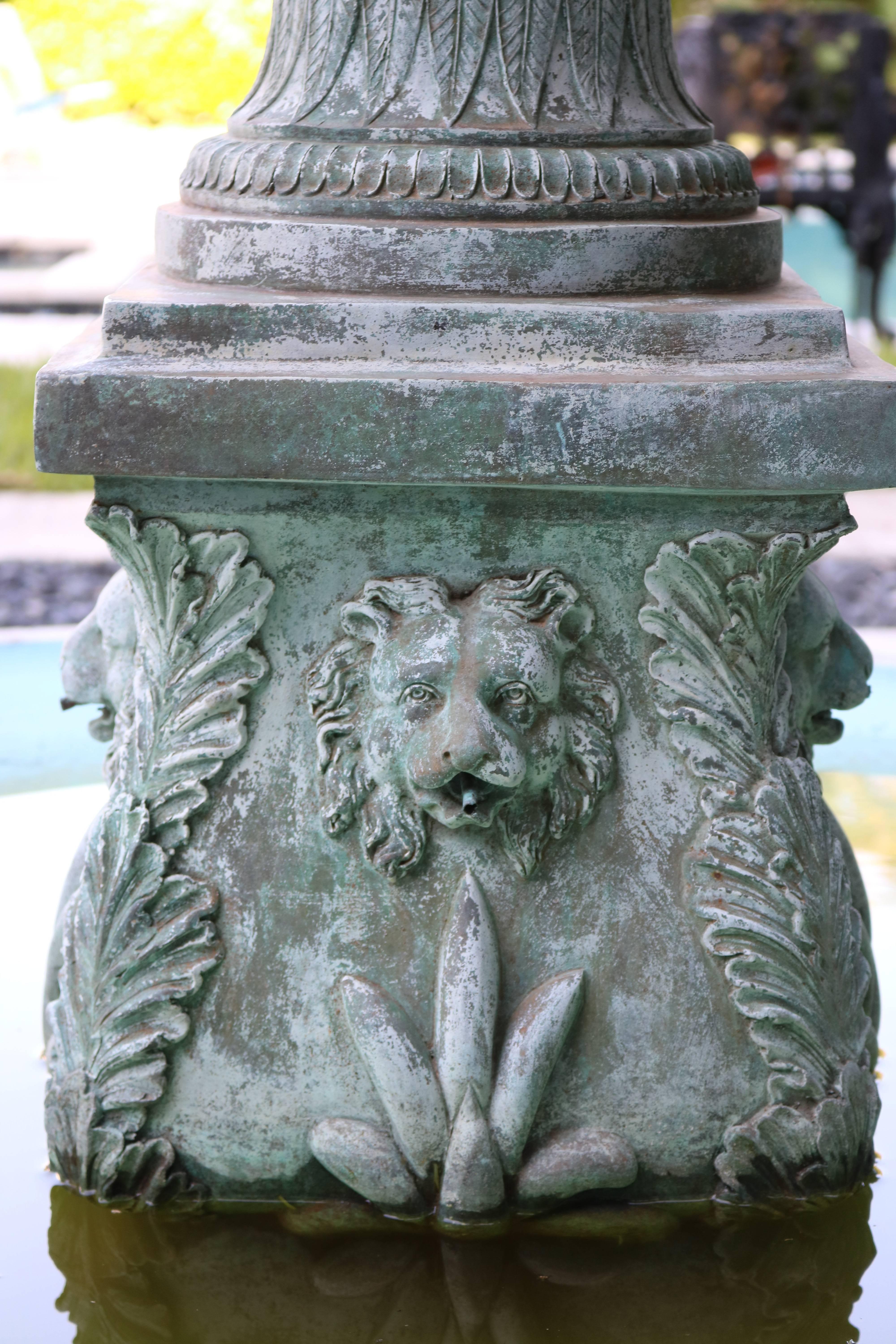 Superb Cascading Bronze Verdigris Fountain- Flute Playing Puttis- Lions-Provenan 2