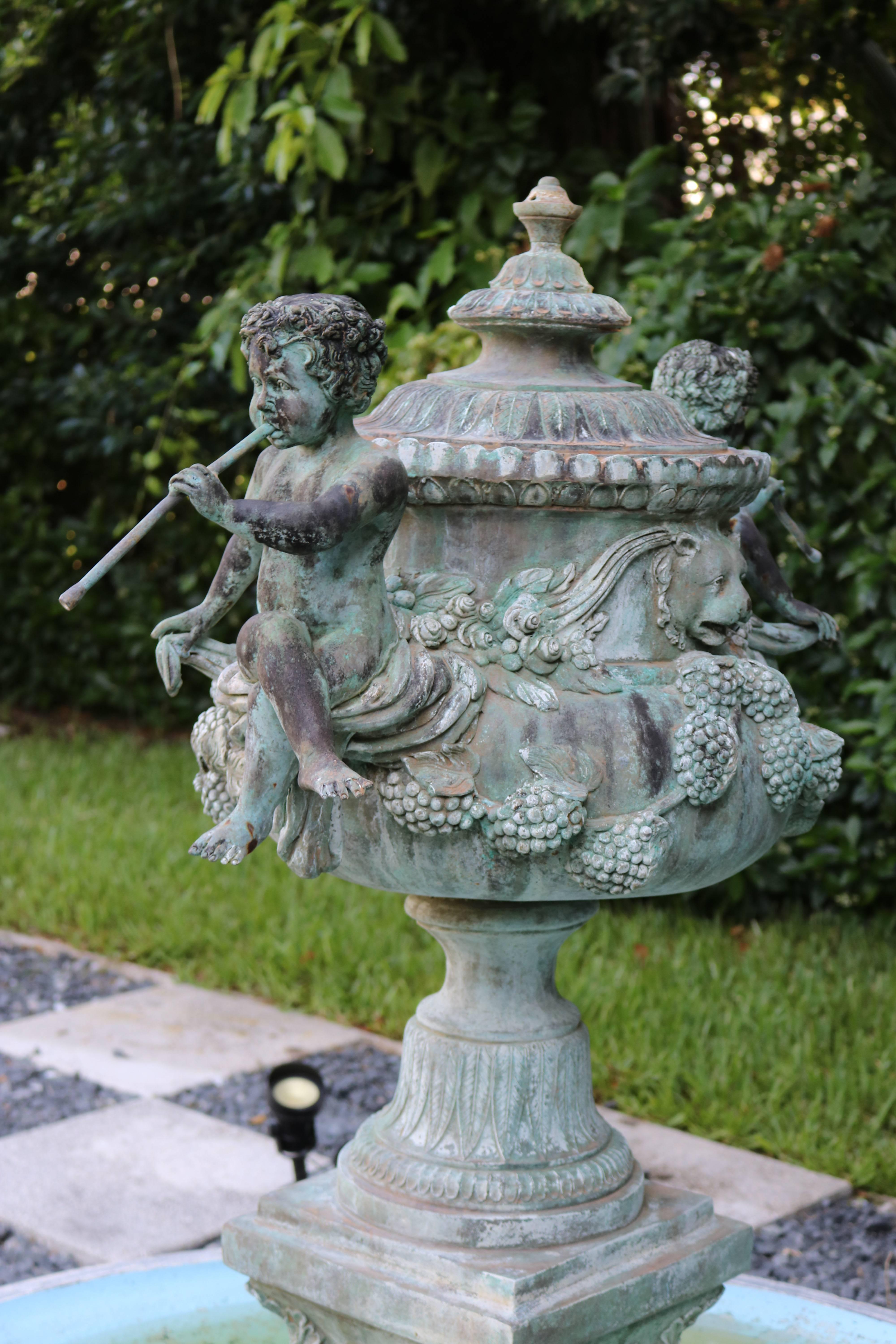 Superb Cascading Bronze Verdigris Fountain- Flute Playing Puttis- Lions-Provenan In Good Condition In West Palm Beach, FL