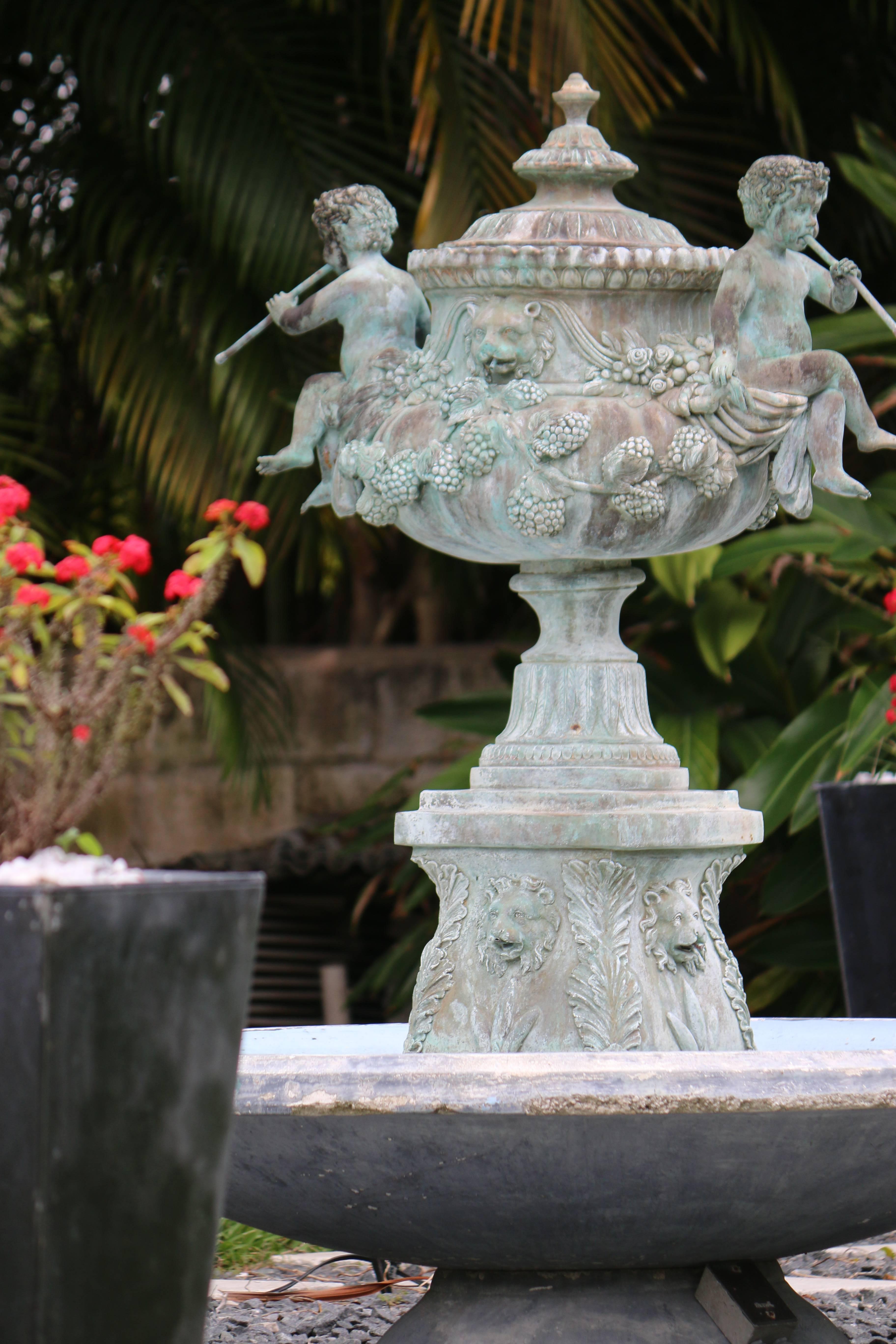 Superb Cascading Bronze Verdigris Fountain- Flute Playing Puttis- Lions-Provenan 3