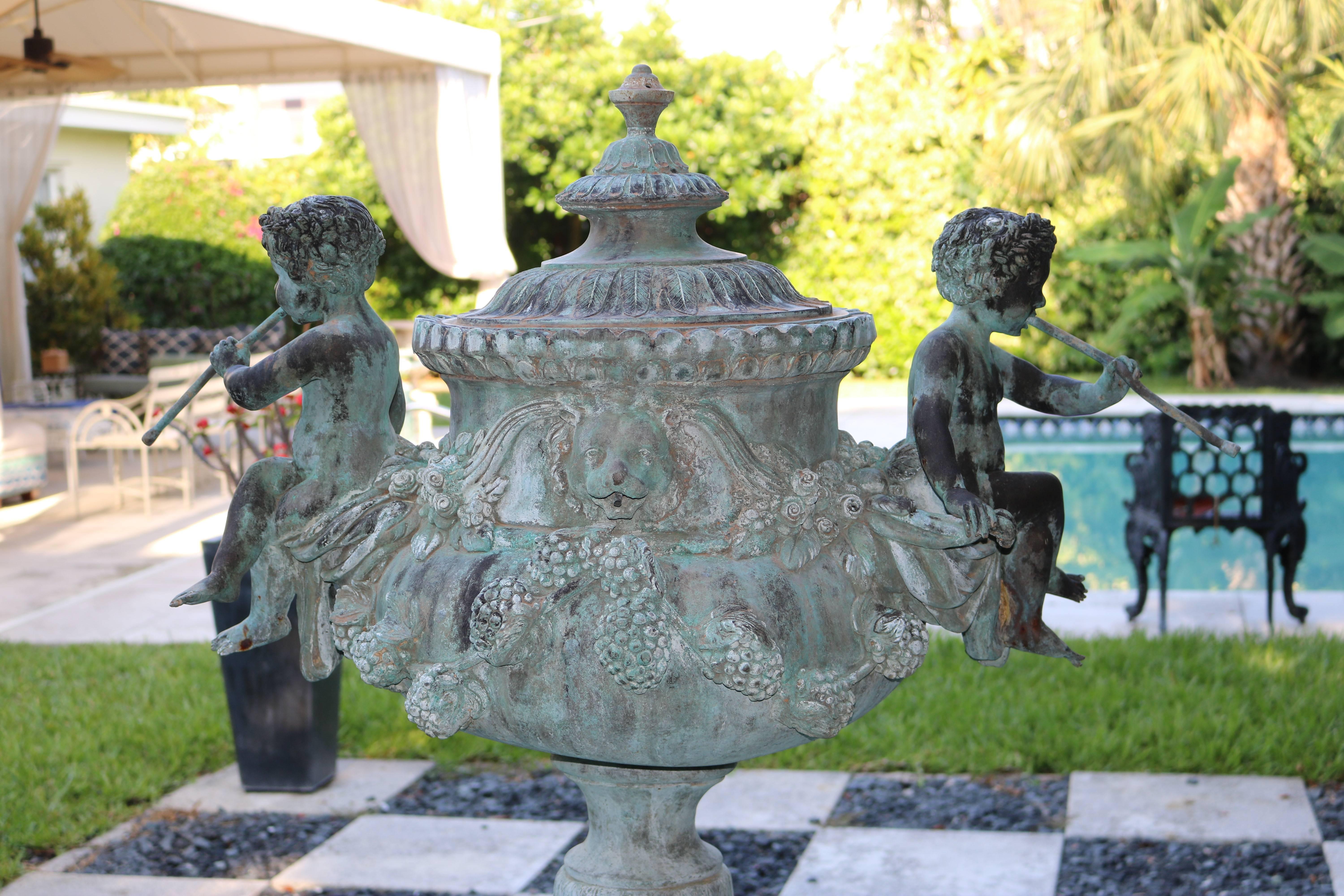 Superb Cascading Bronze Verdigris Fountain- Flute Playing Puttis- Lions-Provenan 1