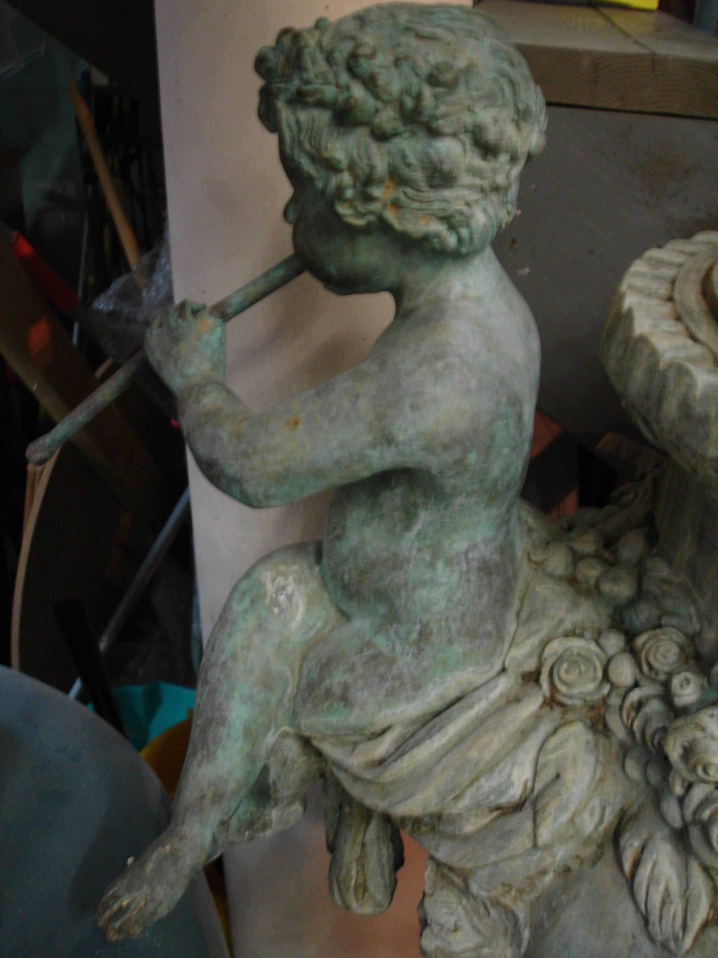 20th Century Superb Cascading Bronze Verdigris Fountain- Flute Playing Puttis- Lions-Provenan