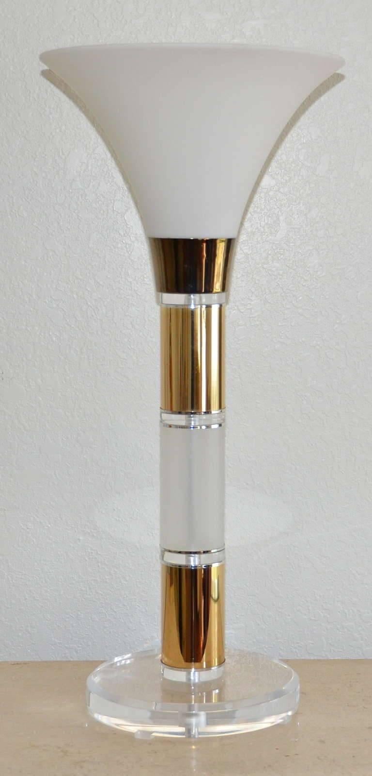 A large scale Cool  Mid-Century Bauer 'Clearlite' Torchiere 1960s modern clear and frosted Lucite and brass banded lamp with a frosted urn shape glass shade and clear Lucite base. Large--30" ht .Very solid construction and nicely detailed. 
It