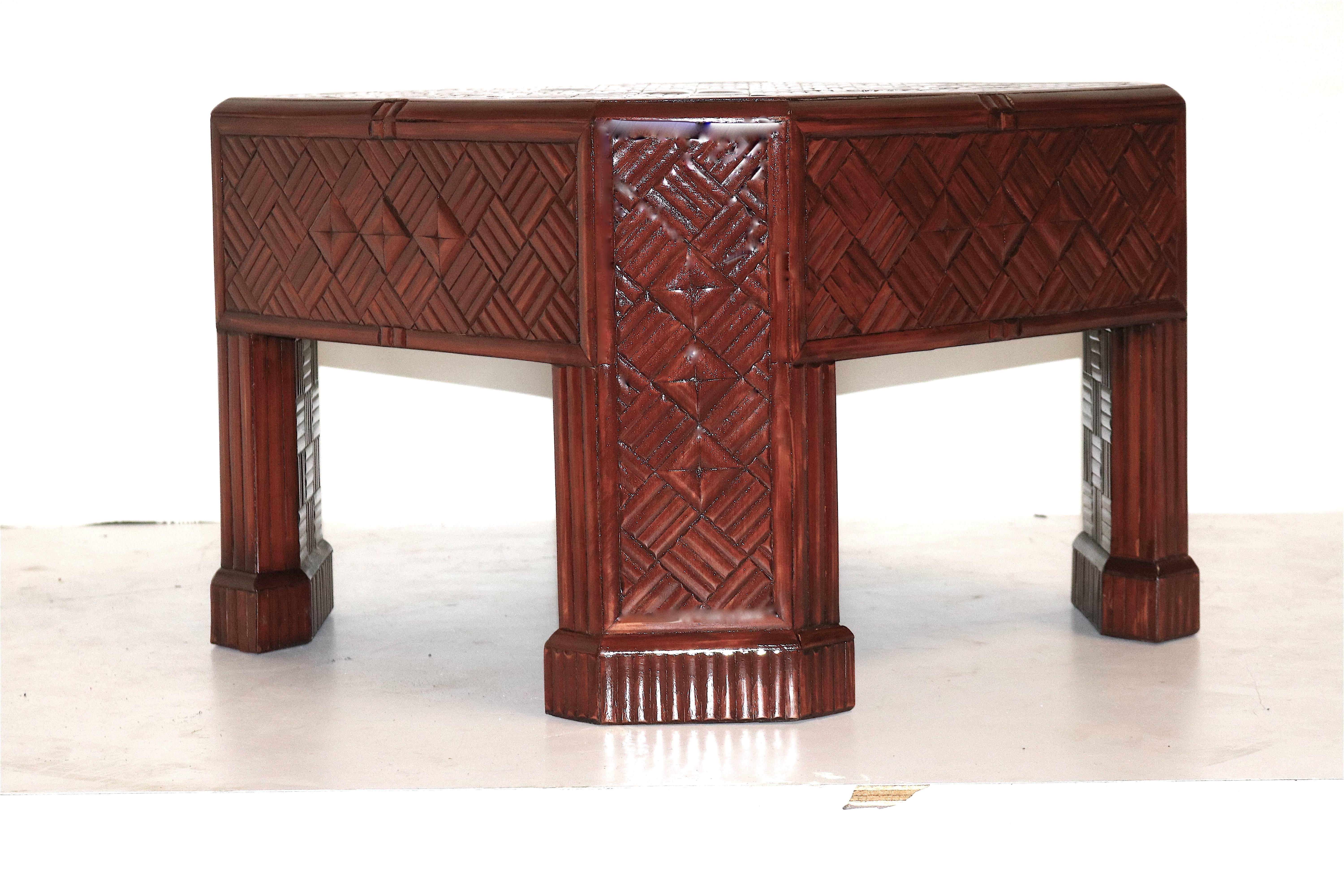 20th Century Bamboo Cocktail Table Diagonal Parquetry Inlay Pattern For Sale