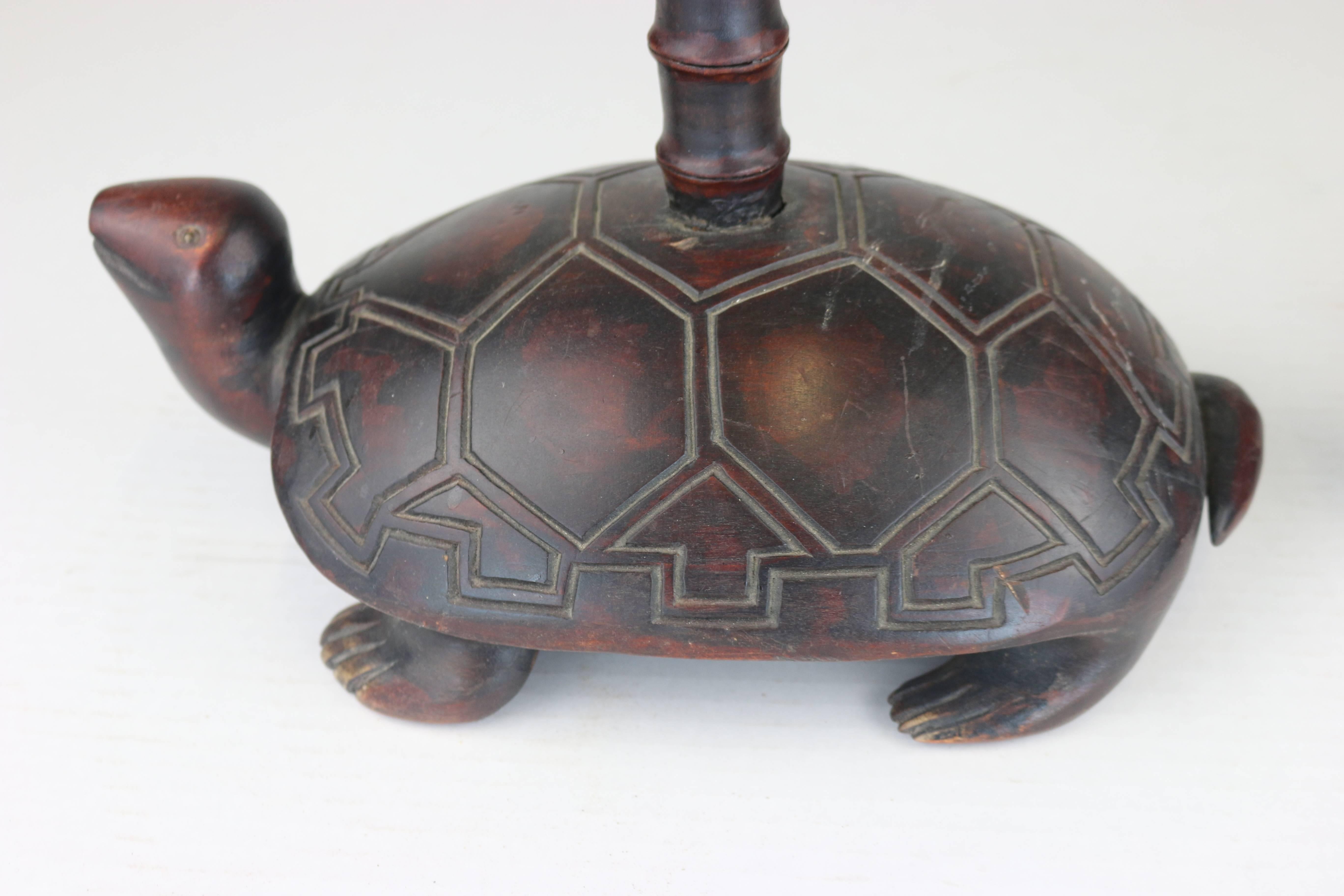 Hand-Carved Unique and Rare Carved Wood Turtle Candlesticks For Sale