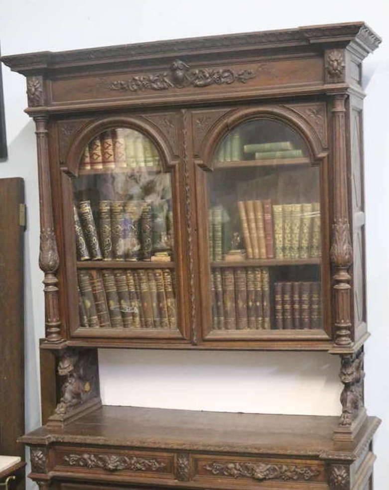 A beautiful connoisseur library cabinet  Bibliotheque in Renaissance style fabricated in grand scale for an important grand space.
A monumental 100 inches tall, very fine walnut elaborately carved 19th century Flemish breakfront 'Renaissance Hunting