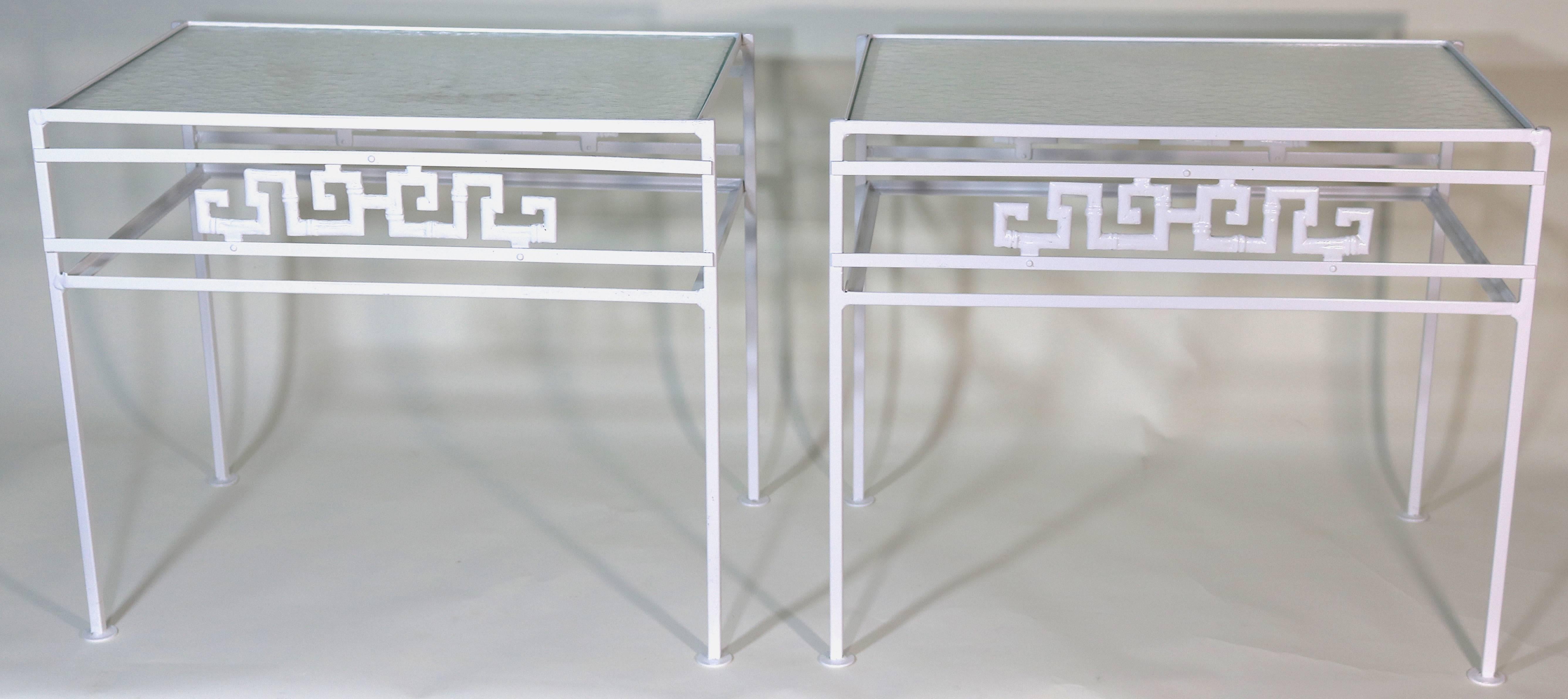 Powder-Coated Salterini 1950s Pair of Side Tables in Classic Greek Key Design For Sale