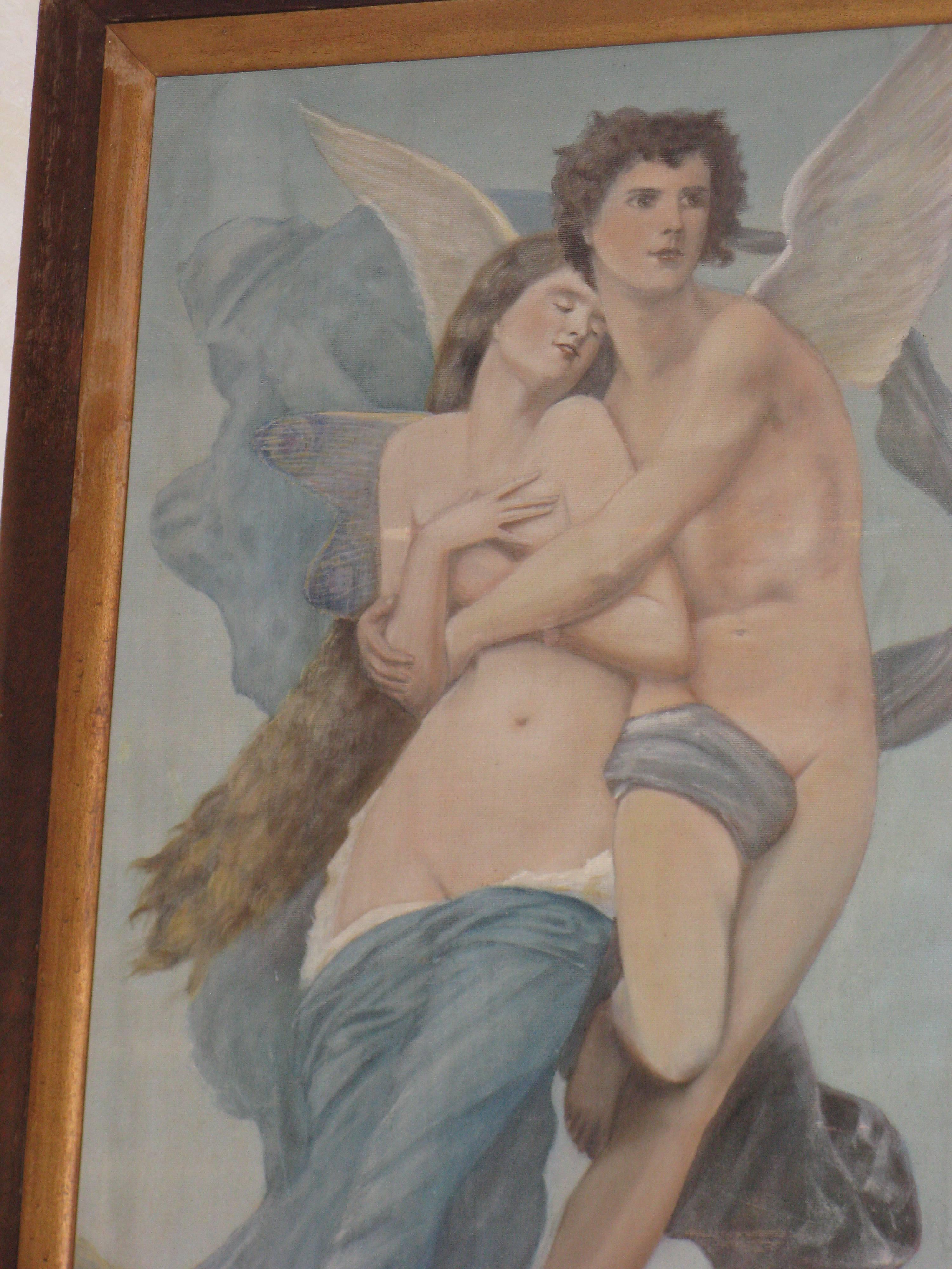 Exquisite antique oil painting depicting Cupid and Psyche ascending to the heavens, one of the greatest love stories in classical literature. A wonderful interpretive painting in oil by a highly skilled unknown artist after the original by William