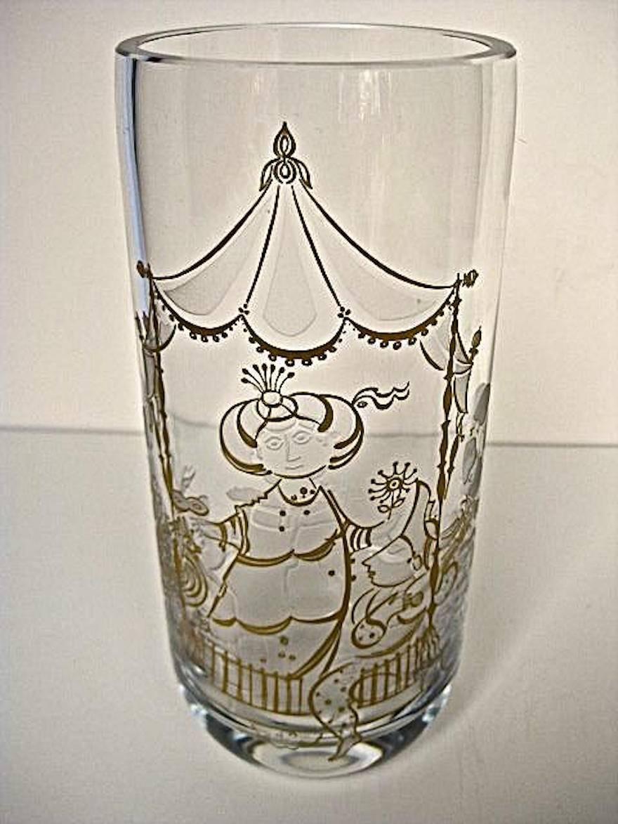Mid-Century Modern Bjorn Wiinblad Crystal Vase 22K etched Gold Charming Design- signed For Sale