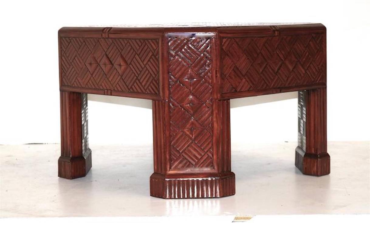 Midcentury Lacquered Bamboo Cocktail Table with Diagonal Parquetry Inlay In Good Condition For Sale In West Palm Beach, FL