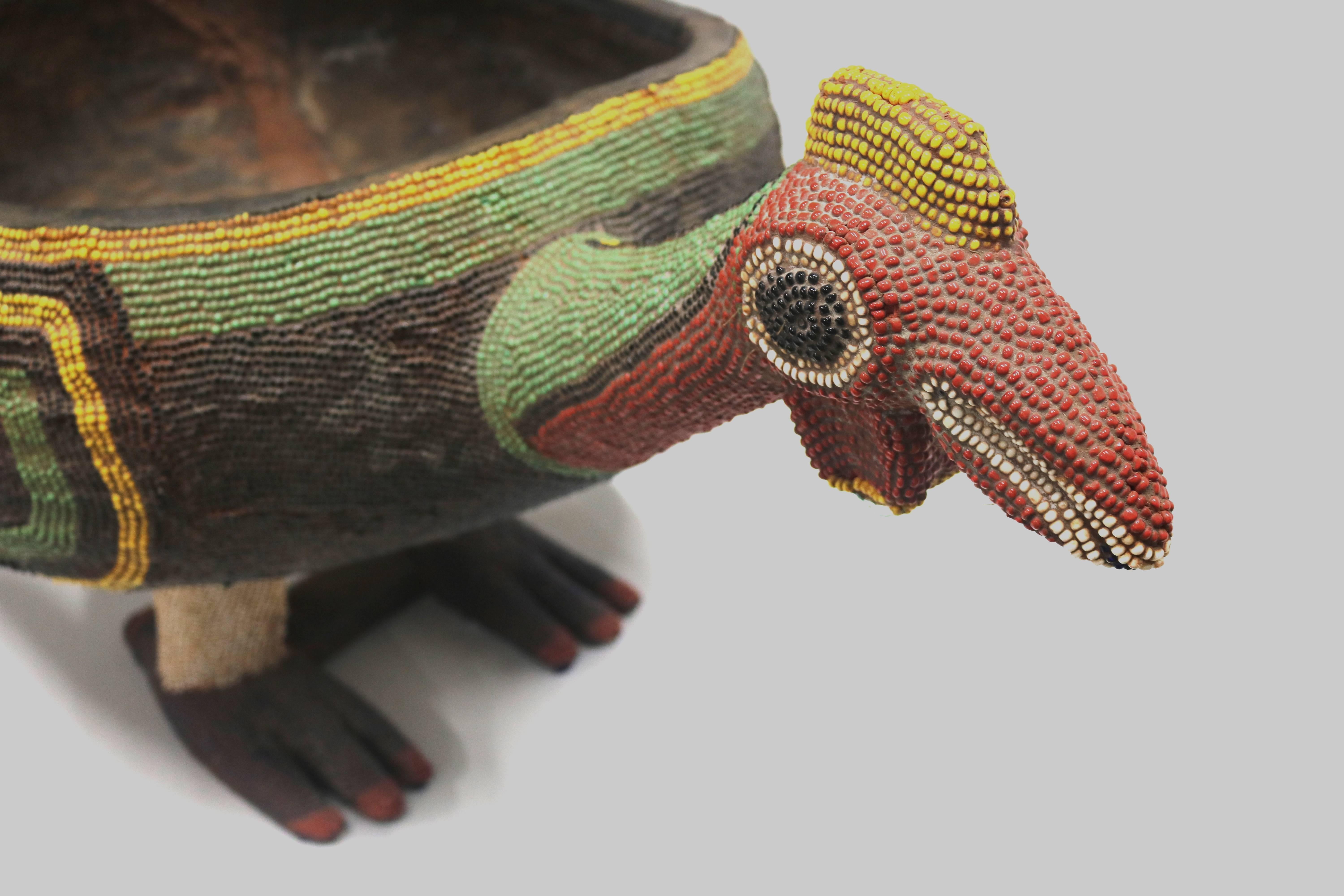 20th Century Huge Folk Art Cameroon  Beaded Bird Bowl Centerpiece, Vintage 