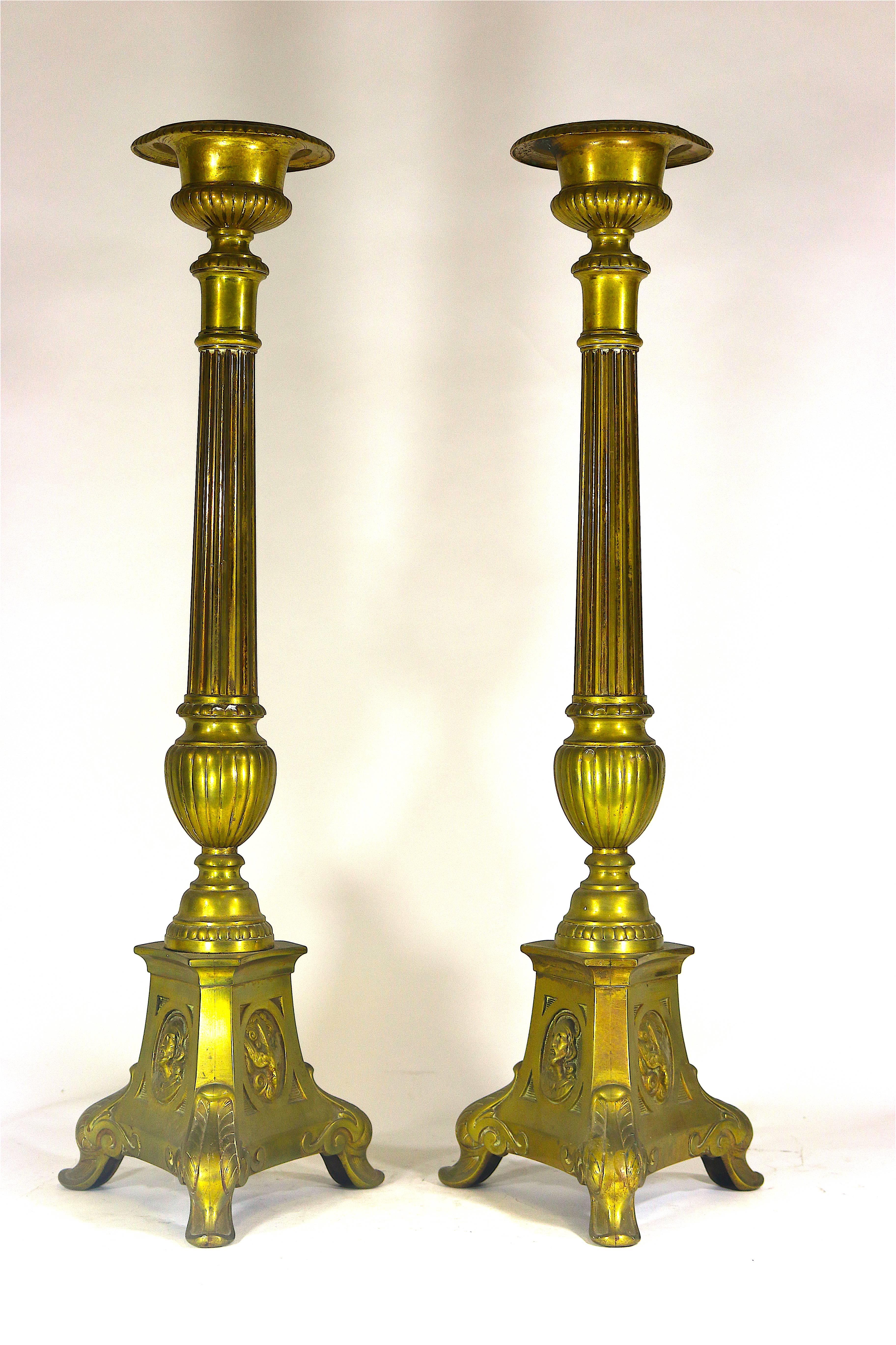 1800s Monumental Brass Pricket Candlesticks, Renaissance Revival-Harkness Estate In Good Condition For Sale In West Palm Beach, FL