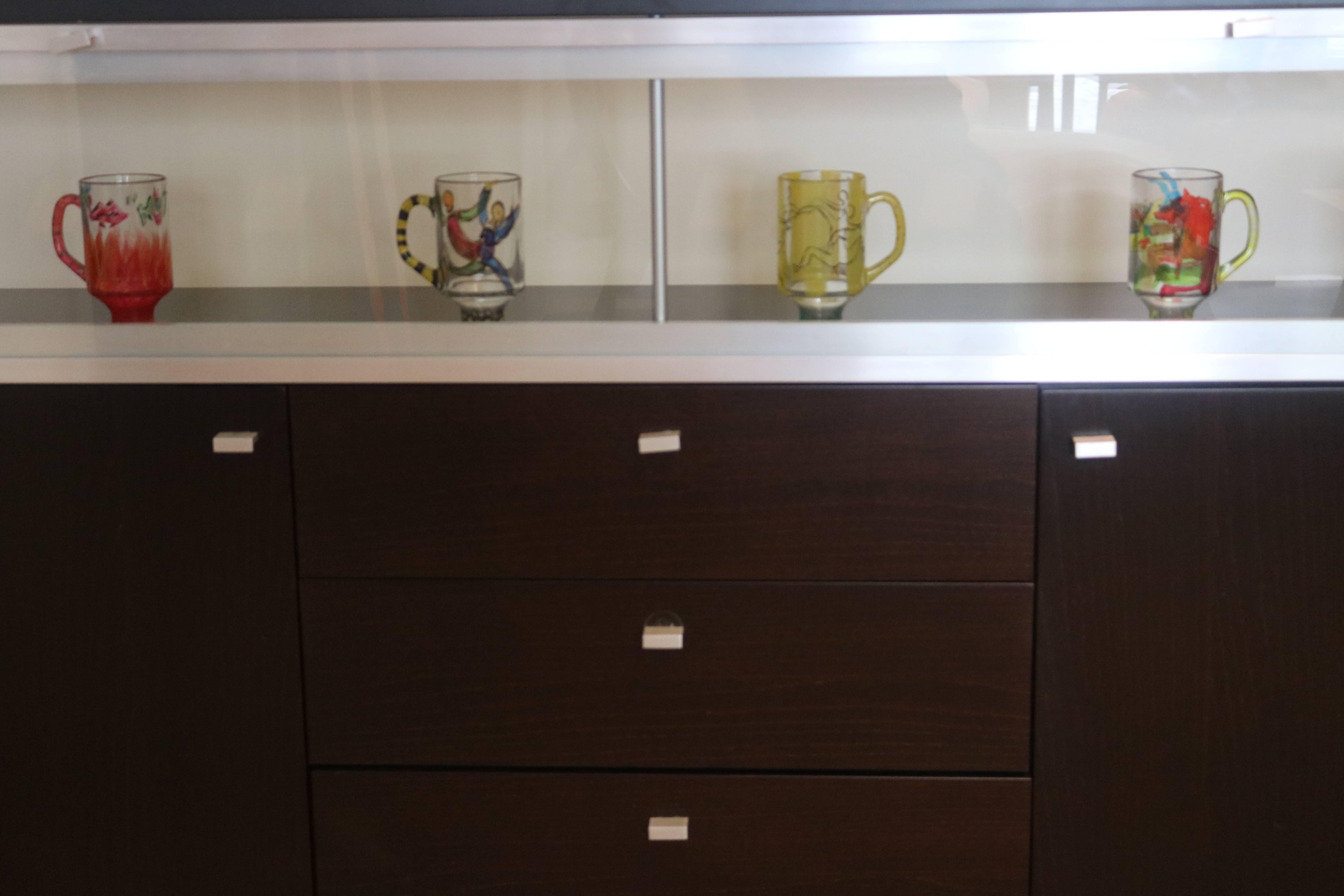 Sleek Modern Art Deco Glass Wood Dry Bar Cabinet, Buffet, Dresser-circa 1980  In Good Condition For Sale In West Palm Beach, FL