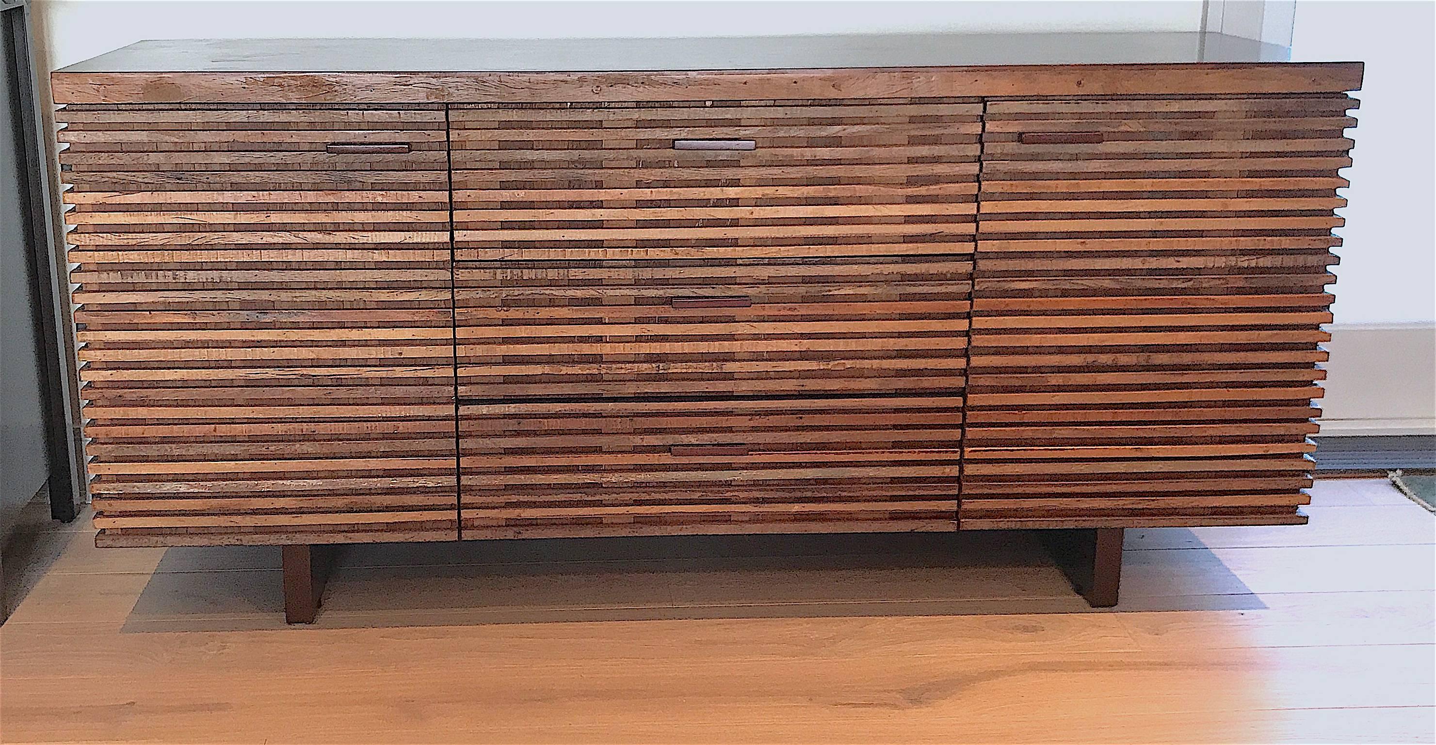 A Rough Luxe Style in Restoration Hardware Style for someone who enjoys living with stylish green sustainable reclaimed solid woods in their environment.
Large outstanding handcrafted Organic Modern Vintage linear solid wood design cabinet chest-