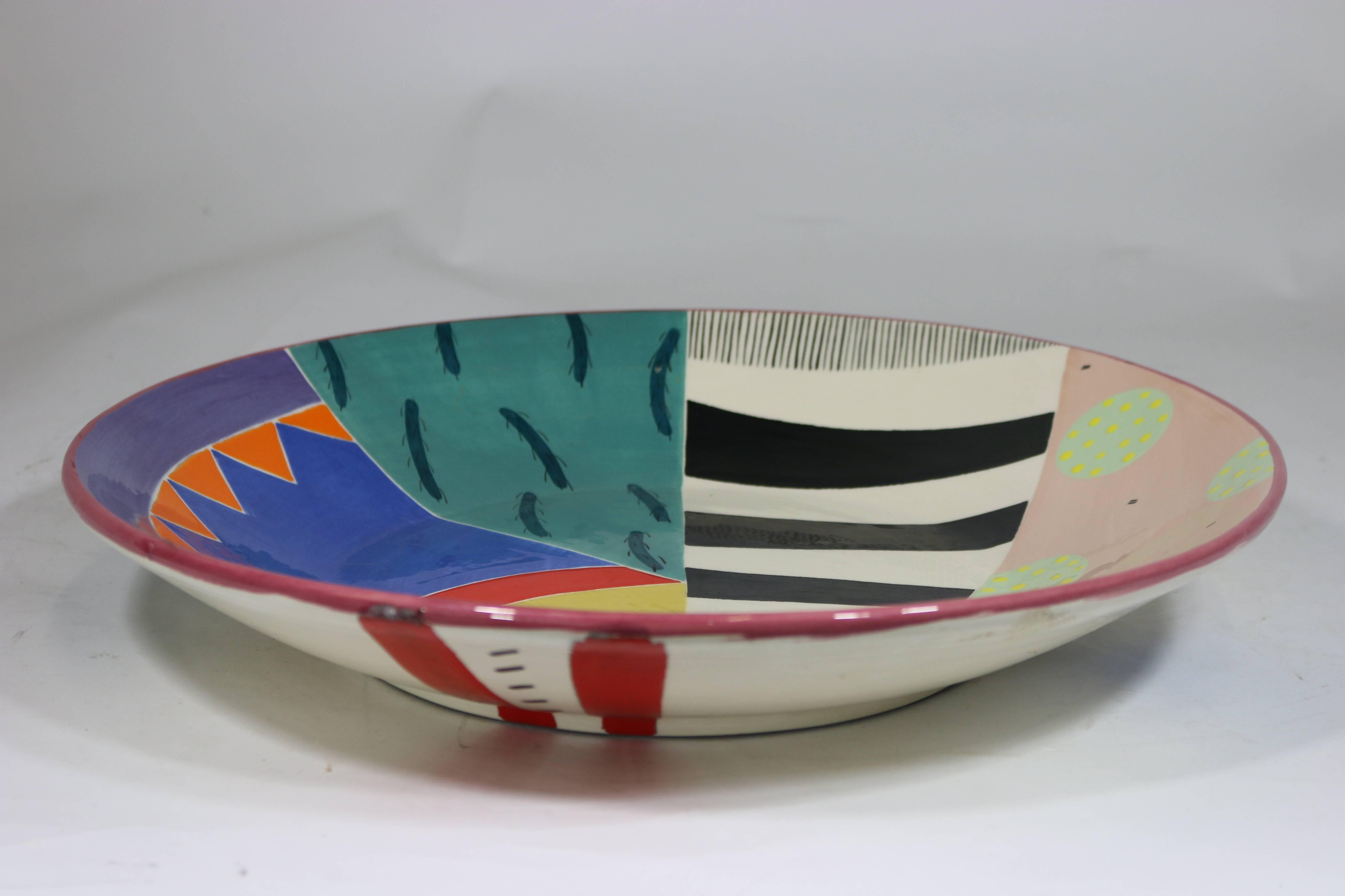Huge Vintage Postmodernist design handcrafted one of a kind art ceramic pottery bowl by American noted Luxe San Francisco artist Susan Eslick, signed SFCA Eslick and dated 1988. As a great display piece on the wall or in a display stand or use to