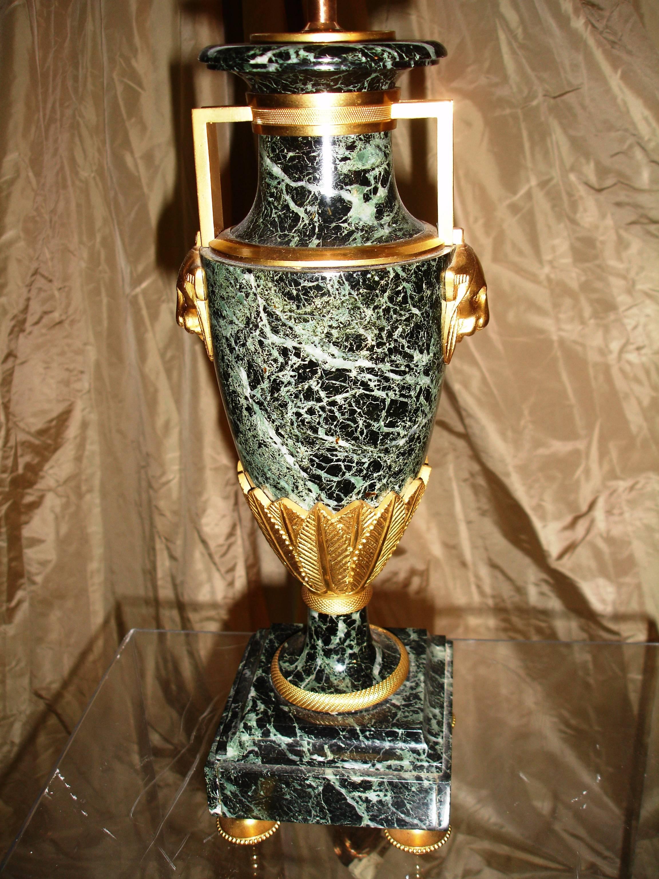 Refined Neoclassic Urn Verde Marble Lamps Gilt Bronze -- Provenance In Excellent Condition In West Palm Beach, FL