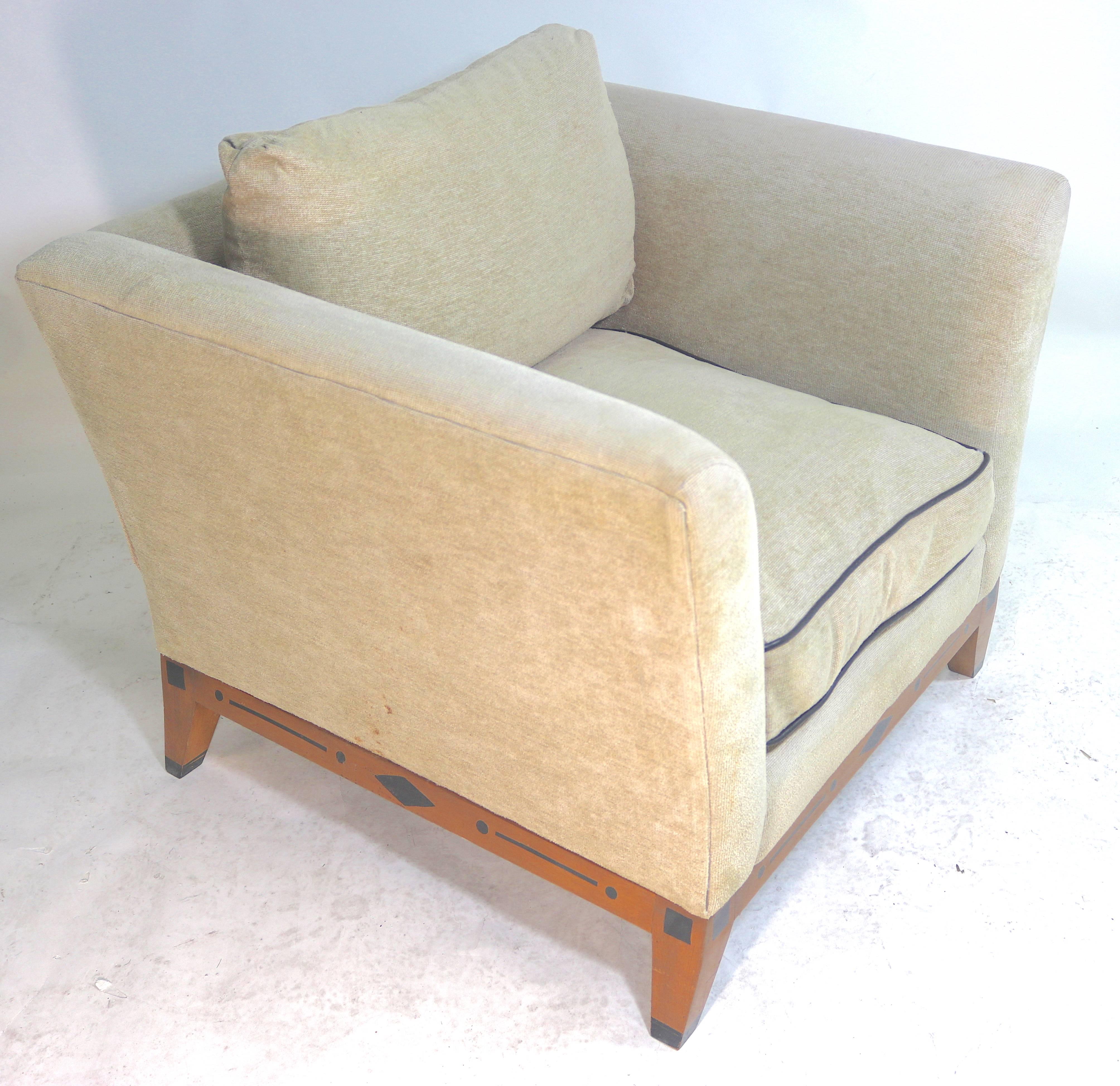 American Vintage Contemporary Biedermeier Lounge Chairs, Donghia Linen Chenille/Leather For Sale