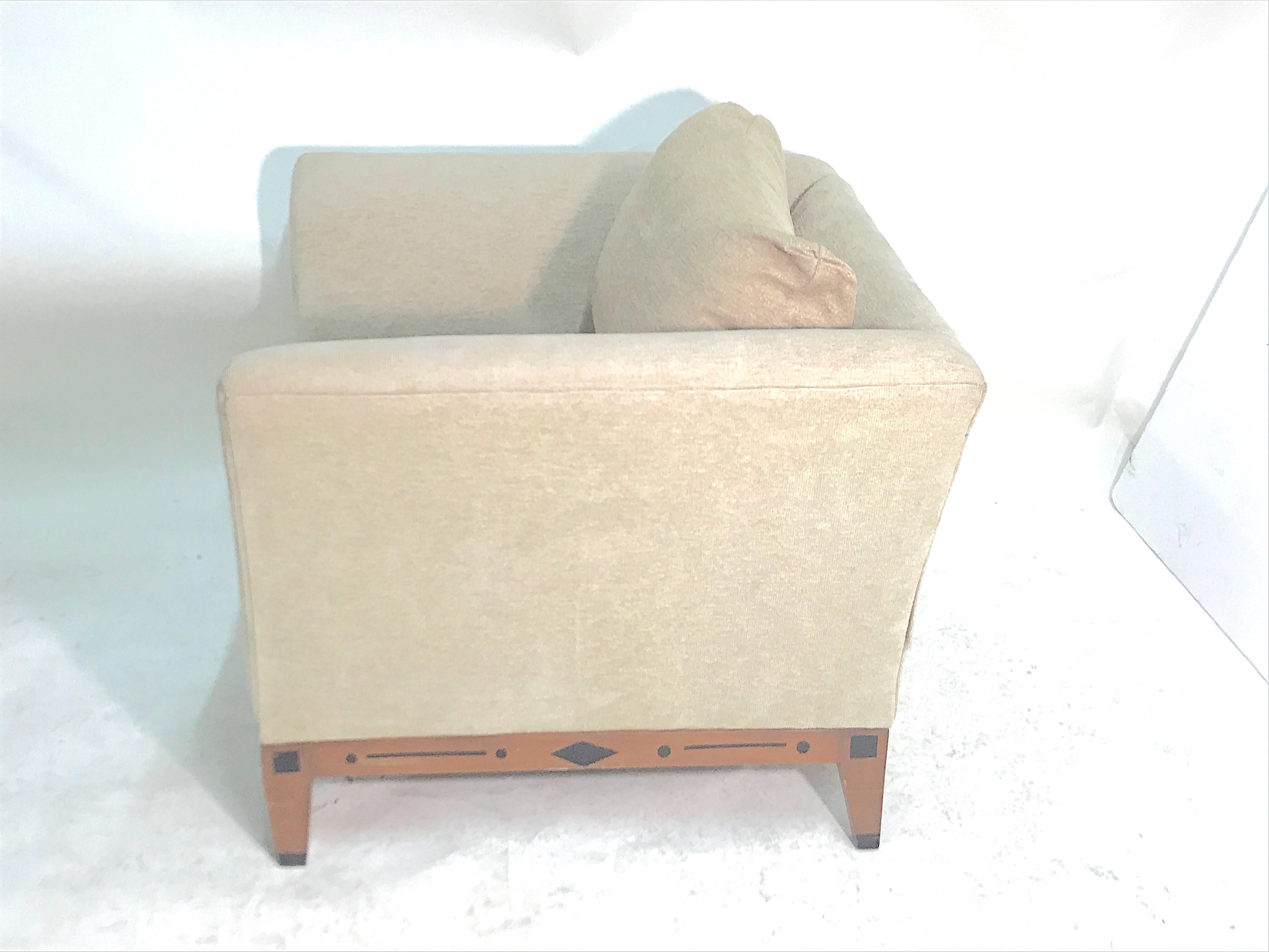 Vintage Contemporary Biedermeier Lounge Chairs, Donghia Linen Chenille/Leather In Good Condition For Sale In West Palm Beach, FL