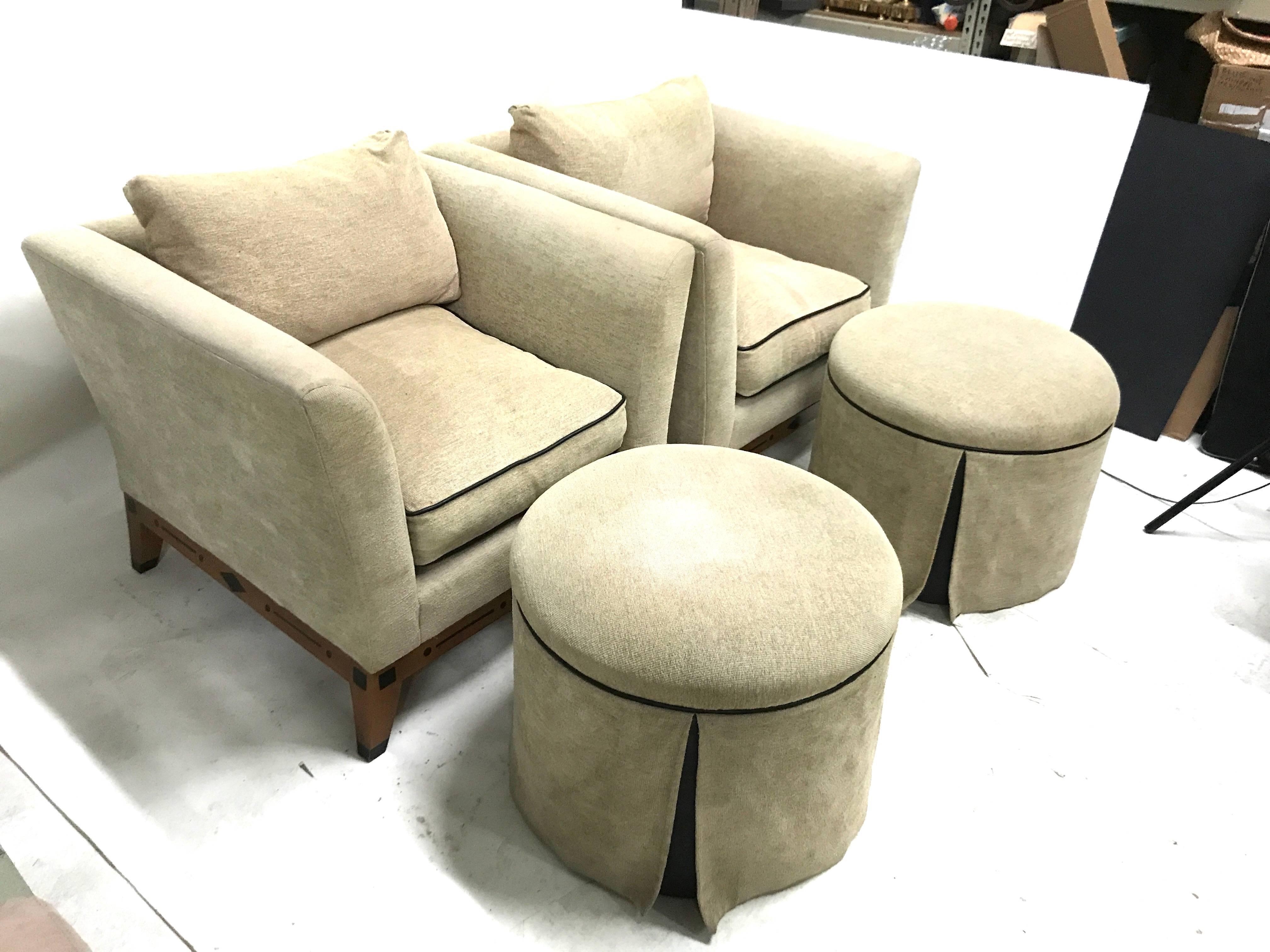 Vintage Contemporary Biedermeier Lounge Chairs, Donghia Linen Chenille/Leather For Sale 3