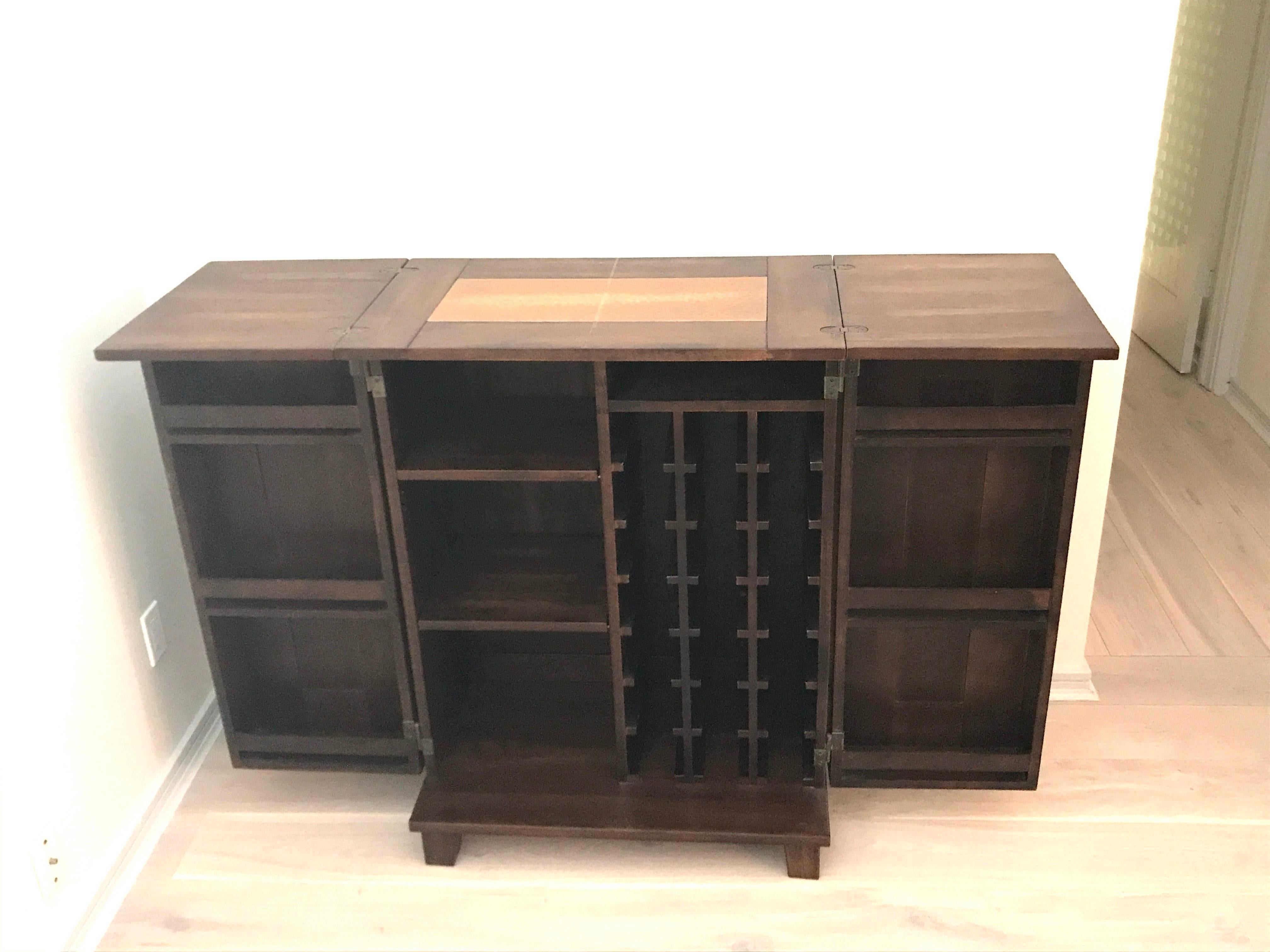 Hammered Mahogany Copper Folding Bar Cabinet For Sale