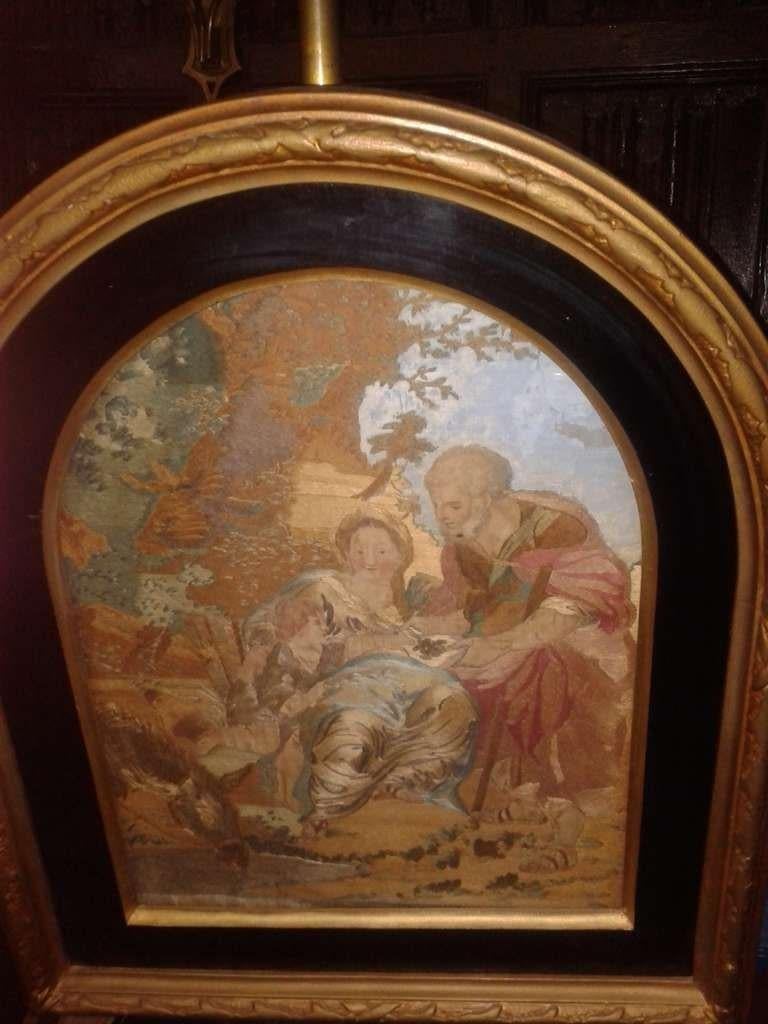 19th c. Fireplace Screen Gilt Framed Silk Needlework Painting On A Brass Stand For Sale 1