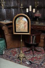 19th c. Fireplace Screen Gilt Framed Silk Needlework Painting On A Brass Stand