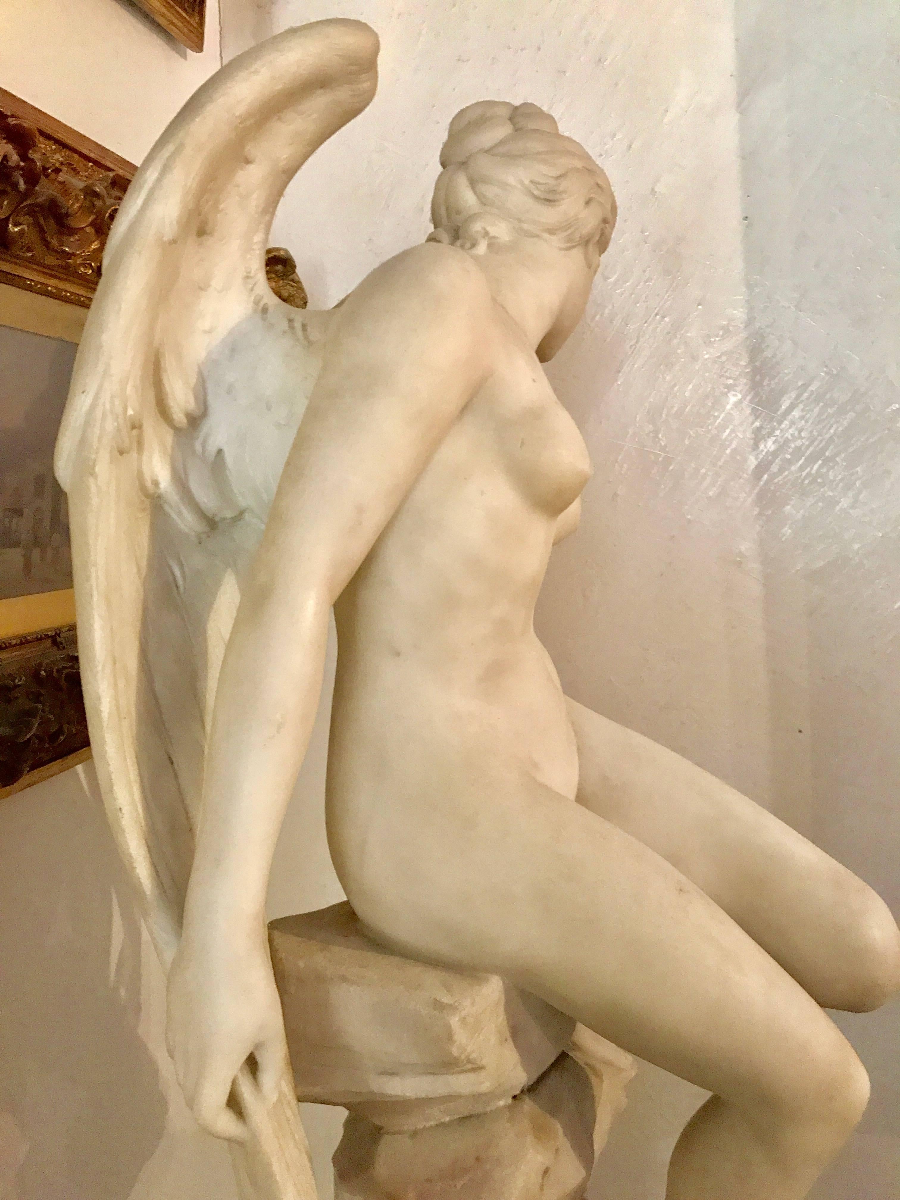 Neoclassical Tycoon's Italian Carrara Marble Angel Sculpture Signed A. Piazza, circa 1890 For Sale