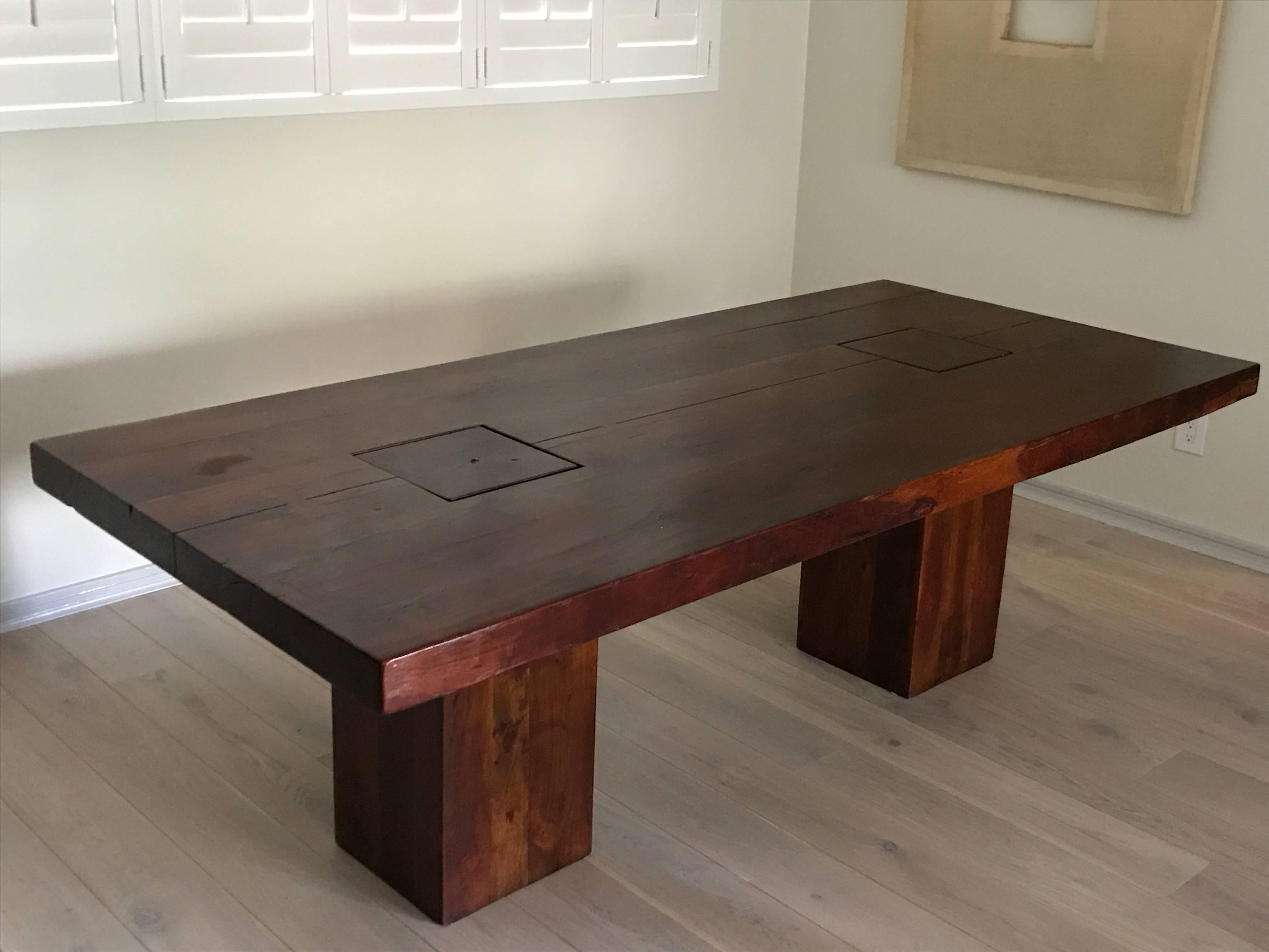 A celebration of Nature- Rough luxe Interior Design combination of rustic with modern minimalism.
1980s Vintage Gorgeous organic heavy live edge reclaimed slab wood walnut dining table- sturdy 3 “ solid wood thick top resting on two double pedestal