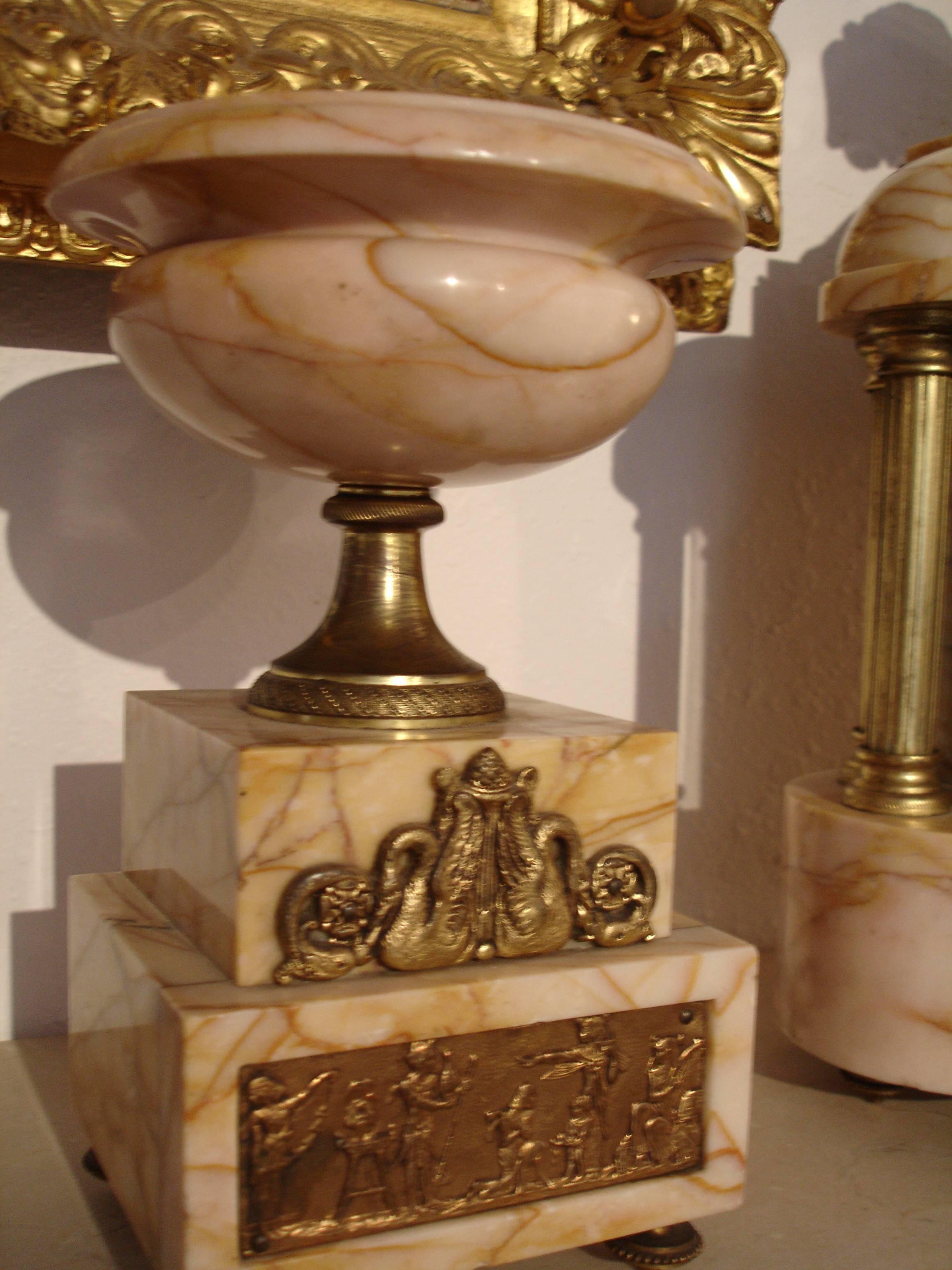 Fine Egyptian Revival Onyx Doré Bronze Clock and Garnitures after Bayre In Good Condition For Sale In West Palm Beach, FL